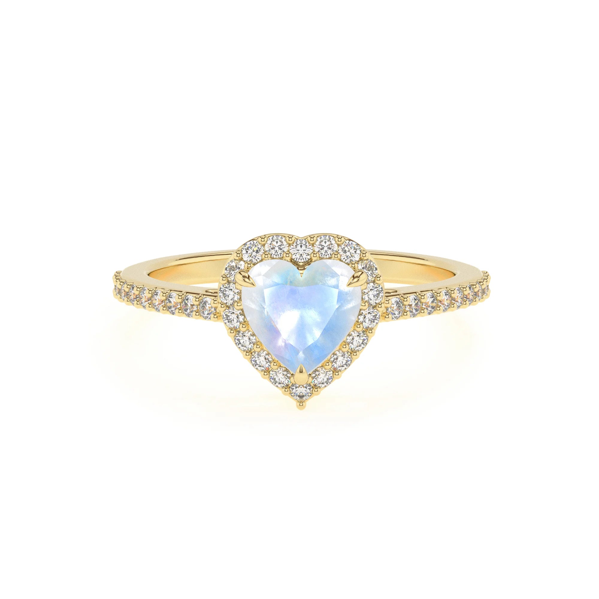 natural rainbow-moonstone heart solitaire rings in yellow gold