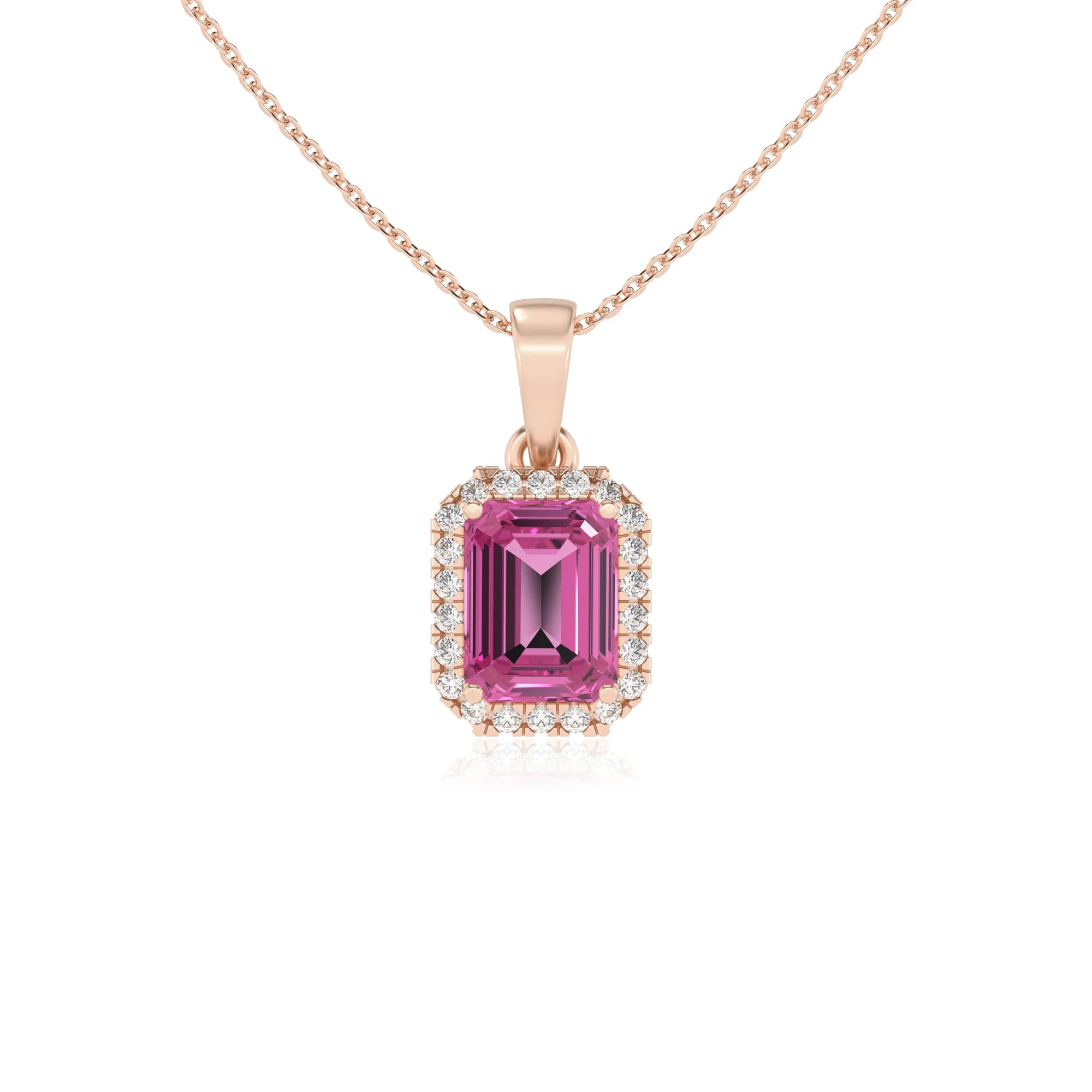 lab grown pink-sapphire emerald cut solitaire necklaces in rose gold