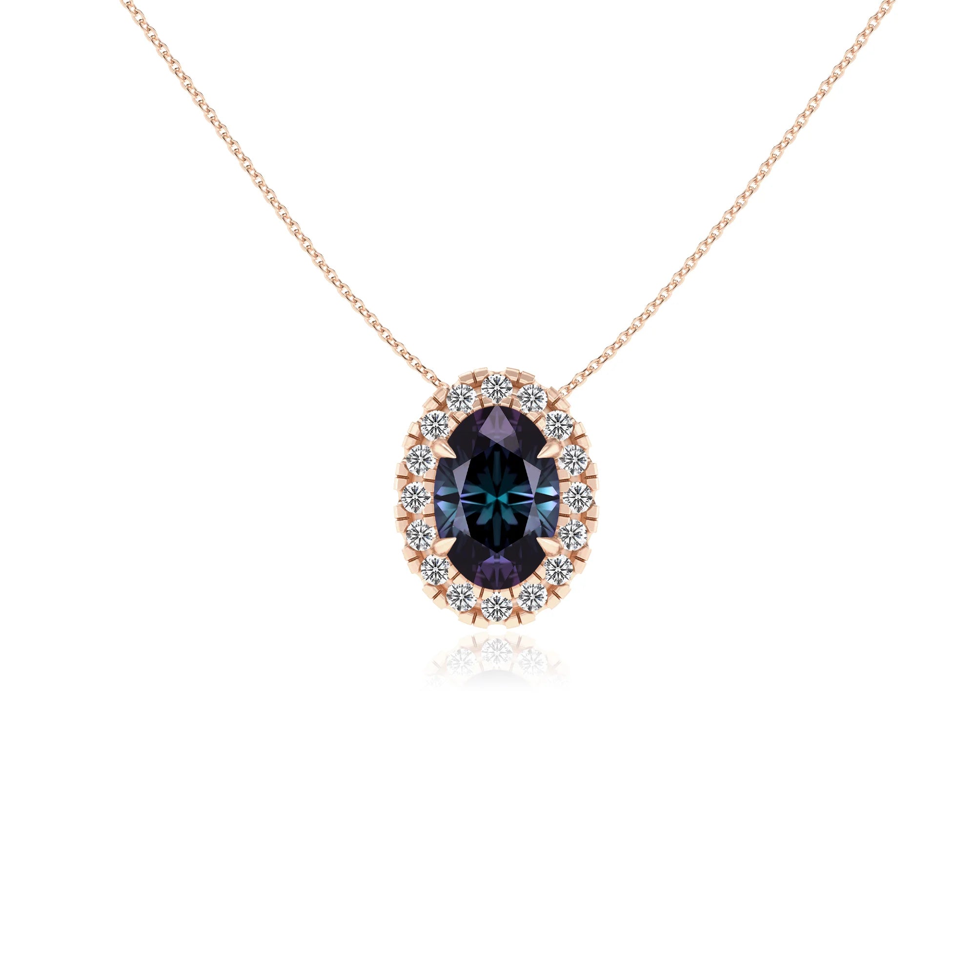 lab grown alexandrite oval solitaire necklaces in rose gold