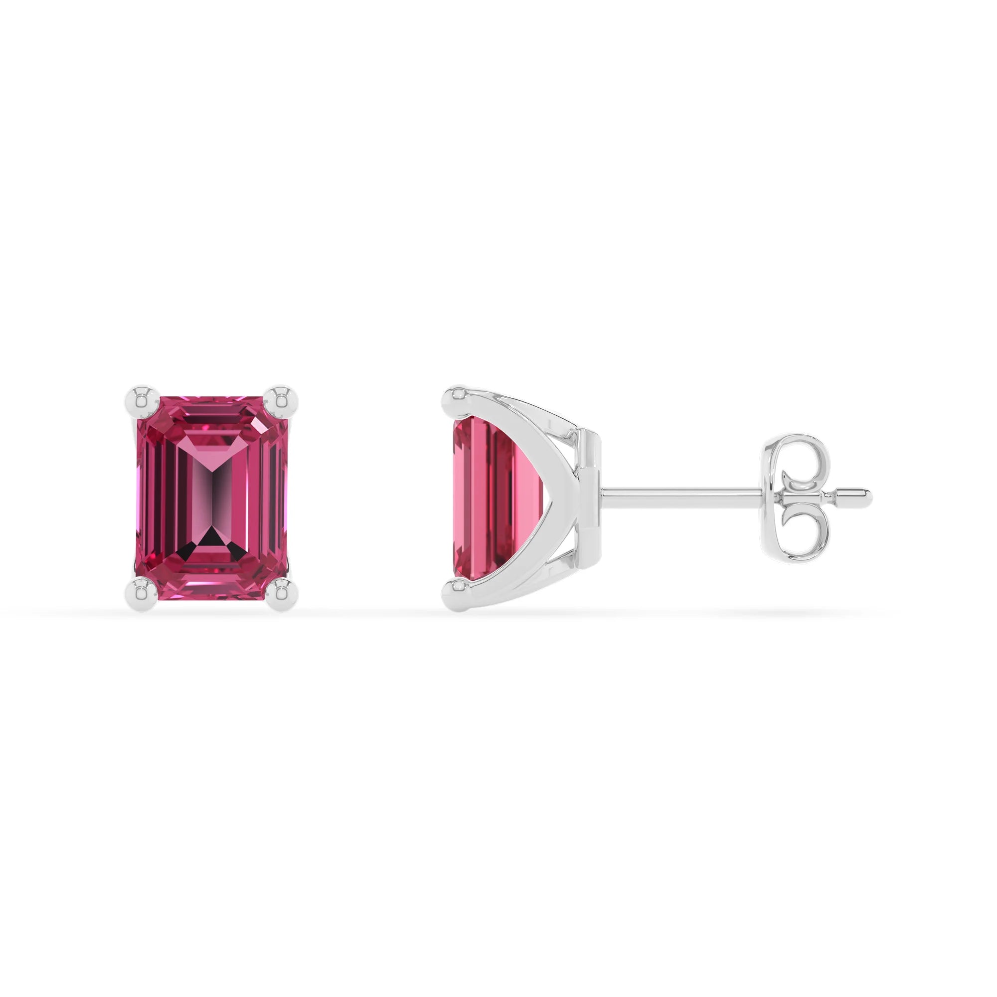 lab grown pink tourmaline emerald cut stud earrings in platinum