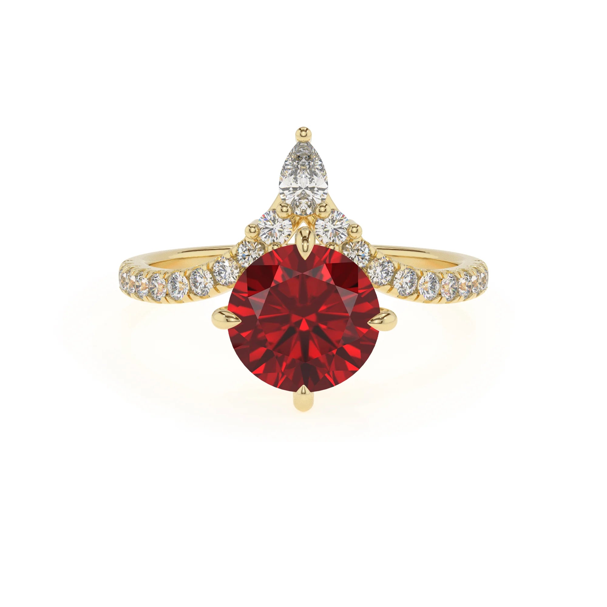 lab grown ruby round solitaire rings in yellow gold