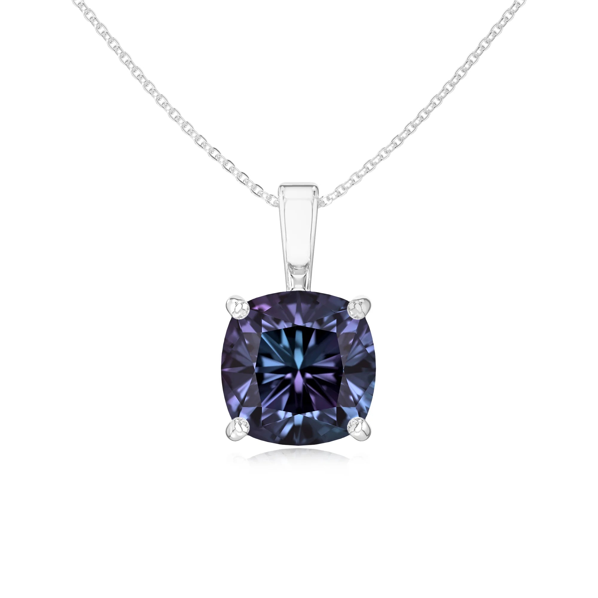 lab grown alexandrite cushion solitaire necklaces in white gold