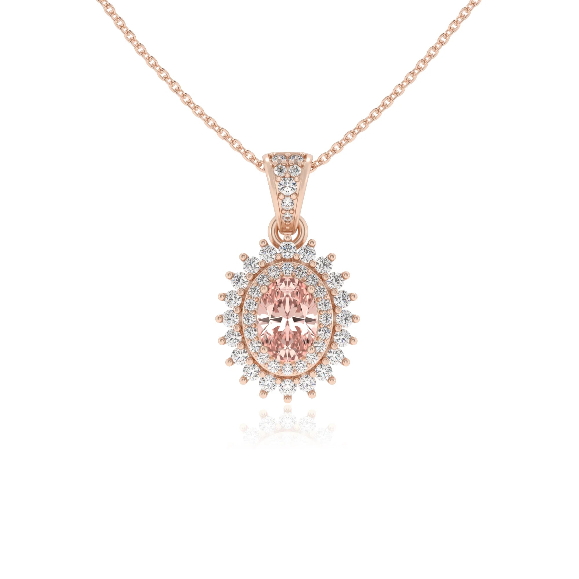 lab grown morganite oval halo necklaces in rose gold