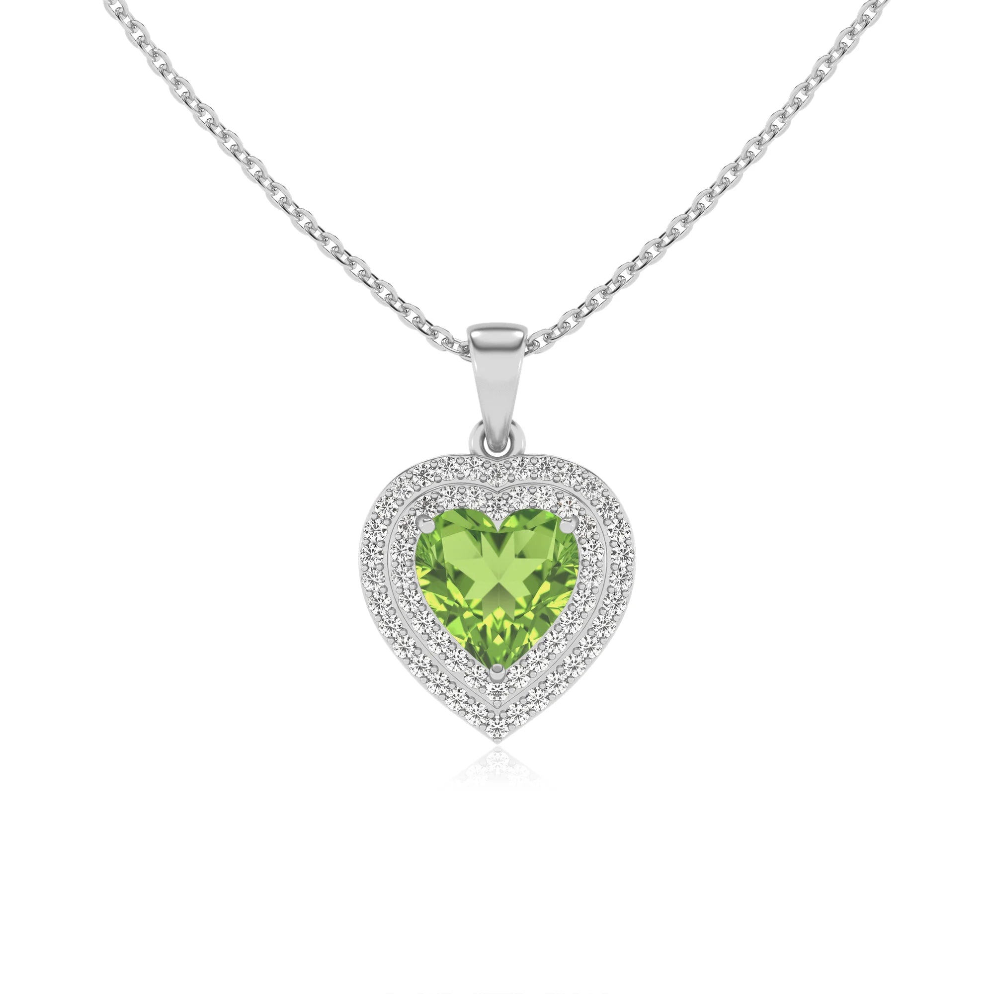 natural peridot heart halo necklaces in platinum
