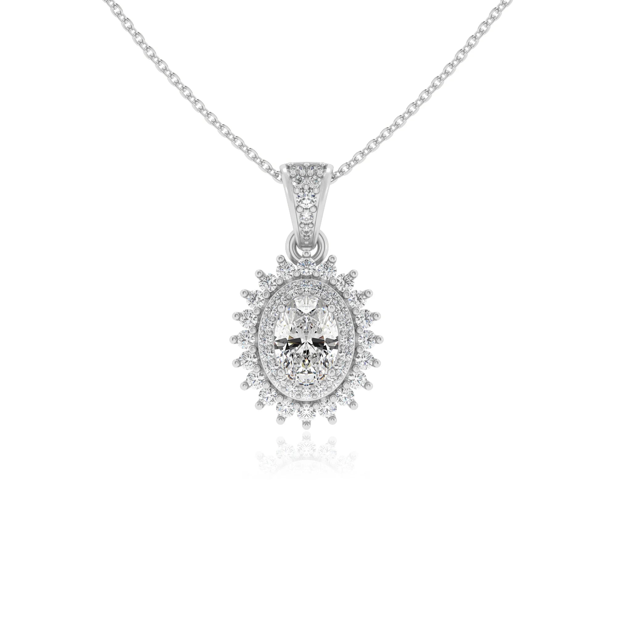 lab grown moissanite oval halo necklaces in sterling silver