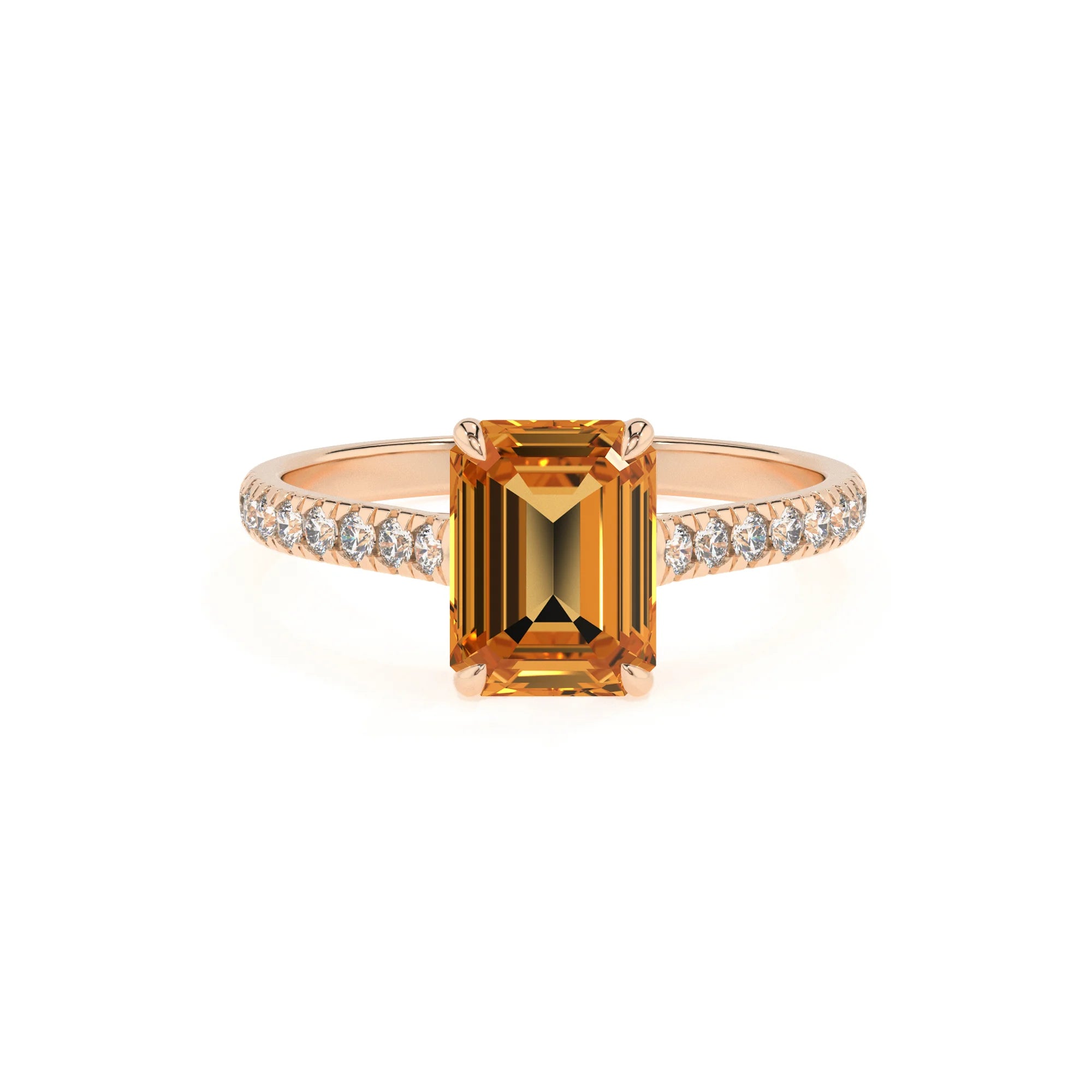 lab grown citrine emerald cut half eternity solitaire engagement rings in rose gold