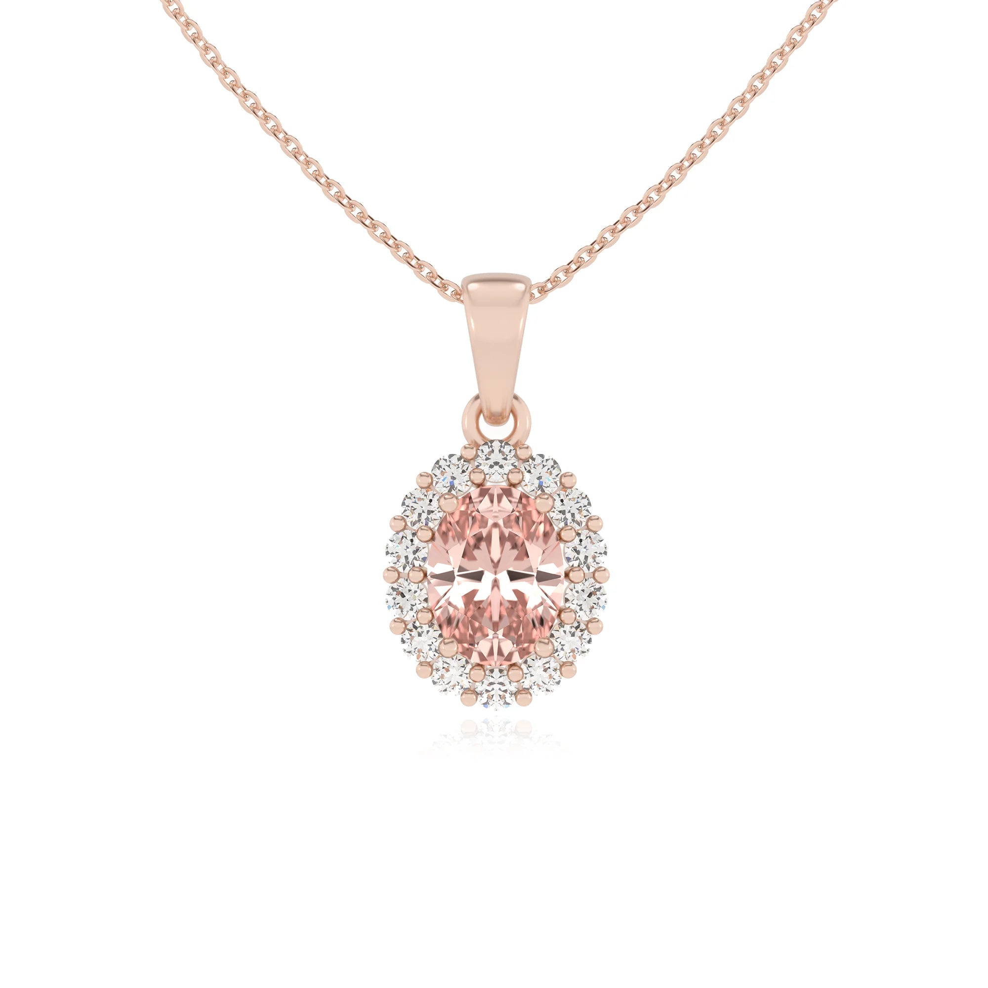 lab grown morganite oval solitaire necklaces in rose gold