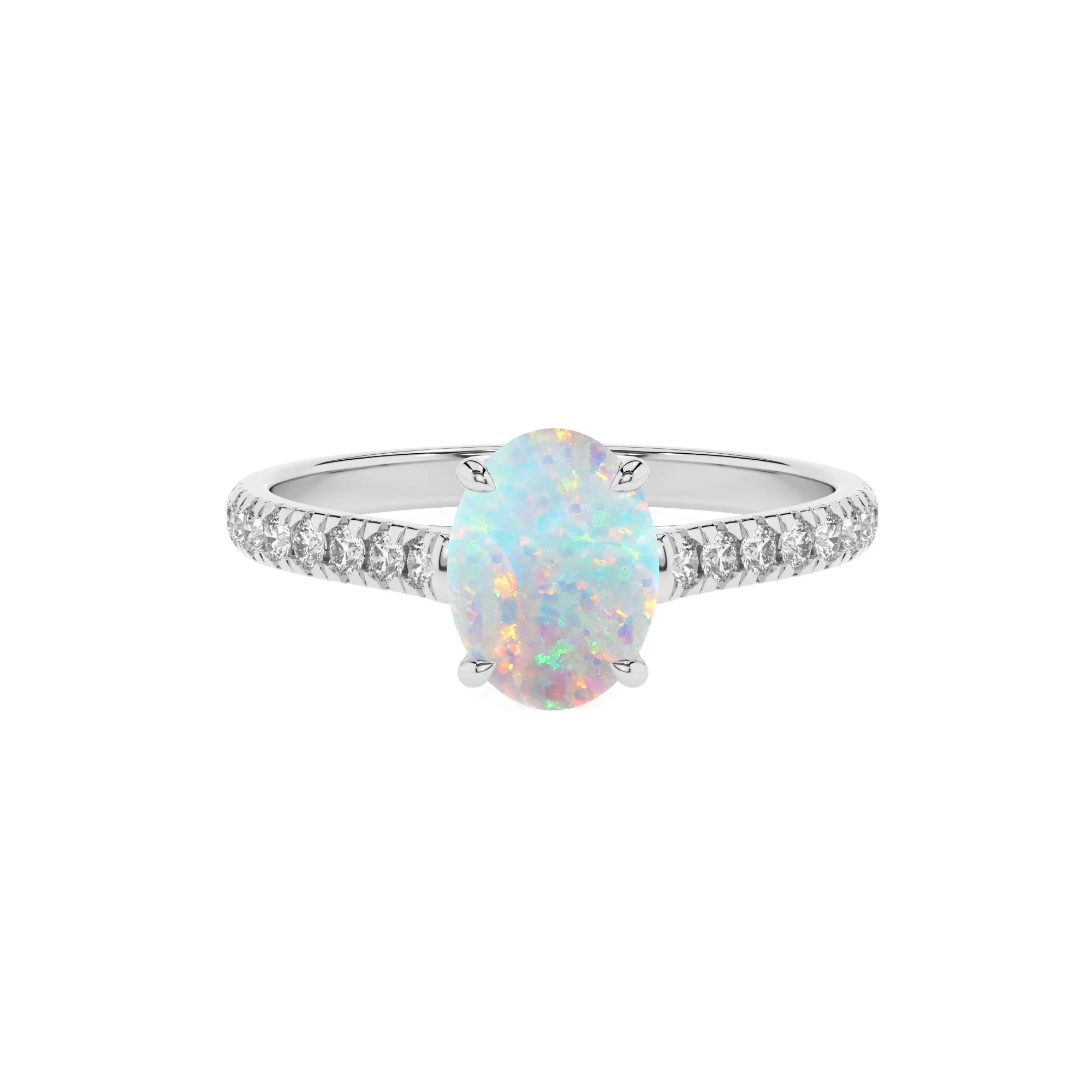 lab grown opal oval half eternity solitaire engagement rings in white gold