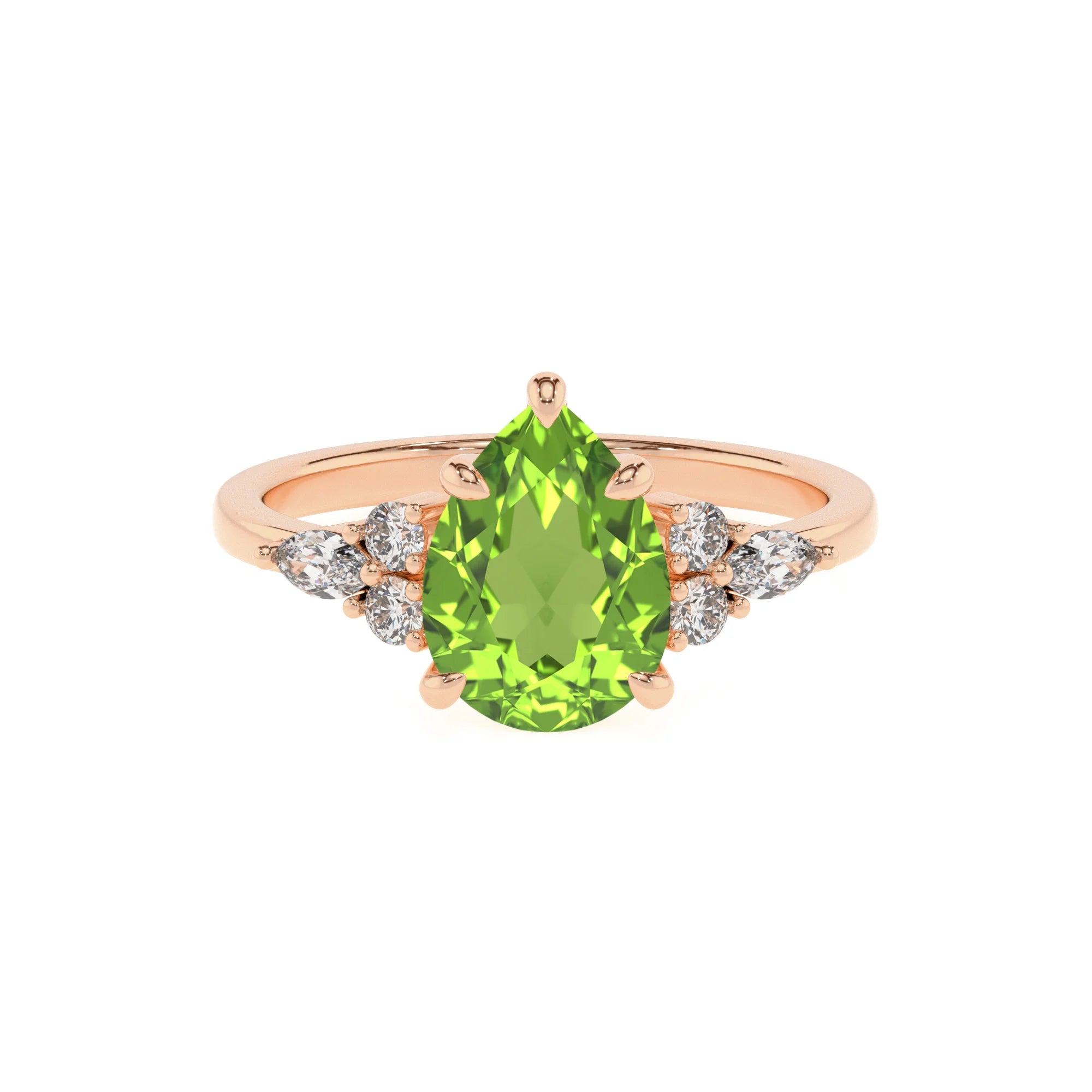 natural peridot pear solitaire rings in rose gold