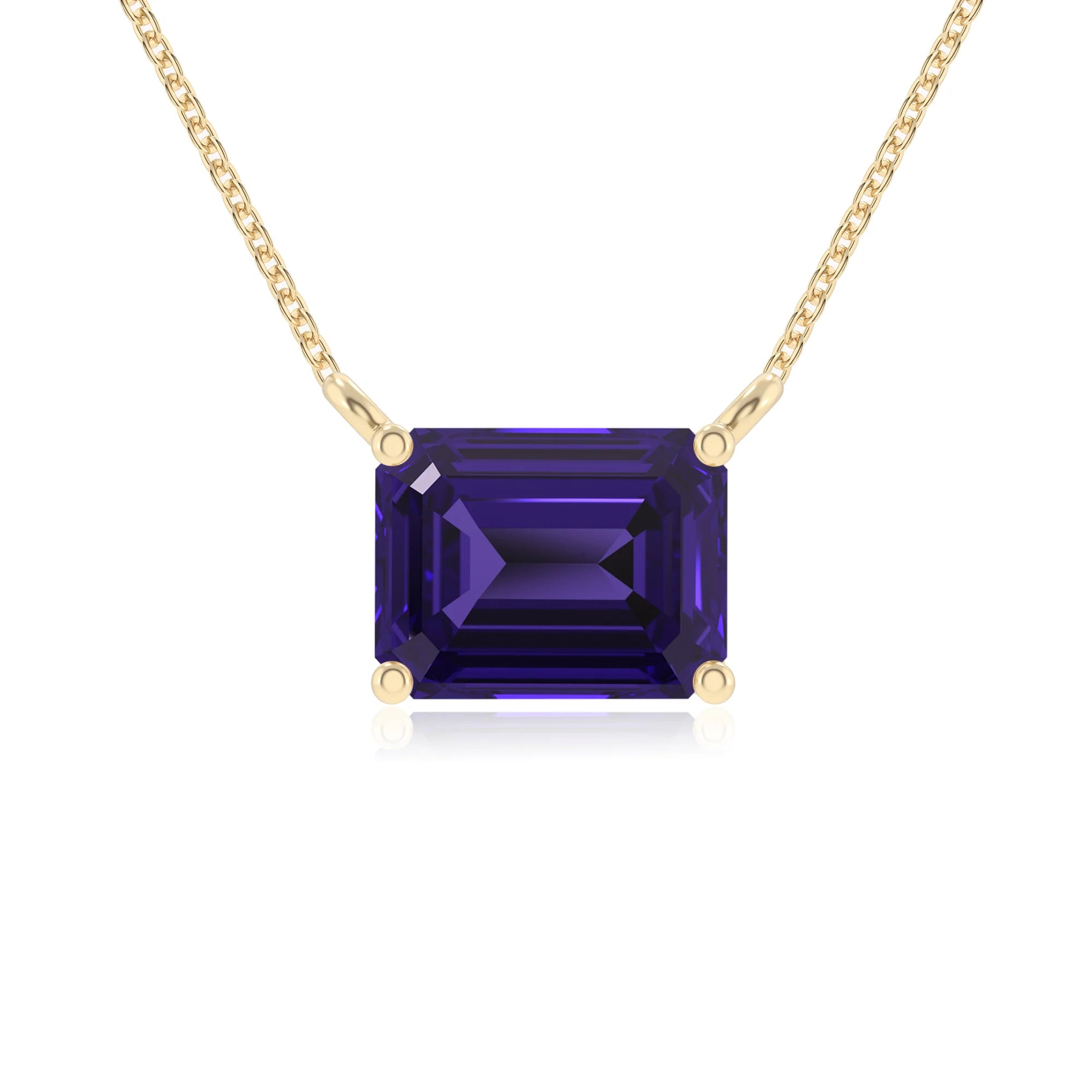 lab grown tanzanite emerald cut solitaire necklaces in yellow gold