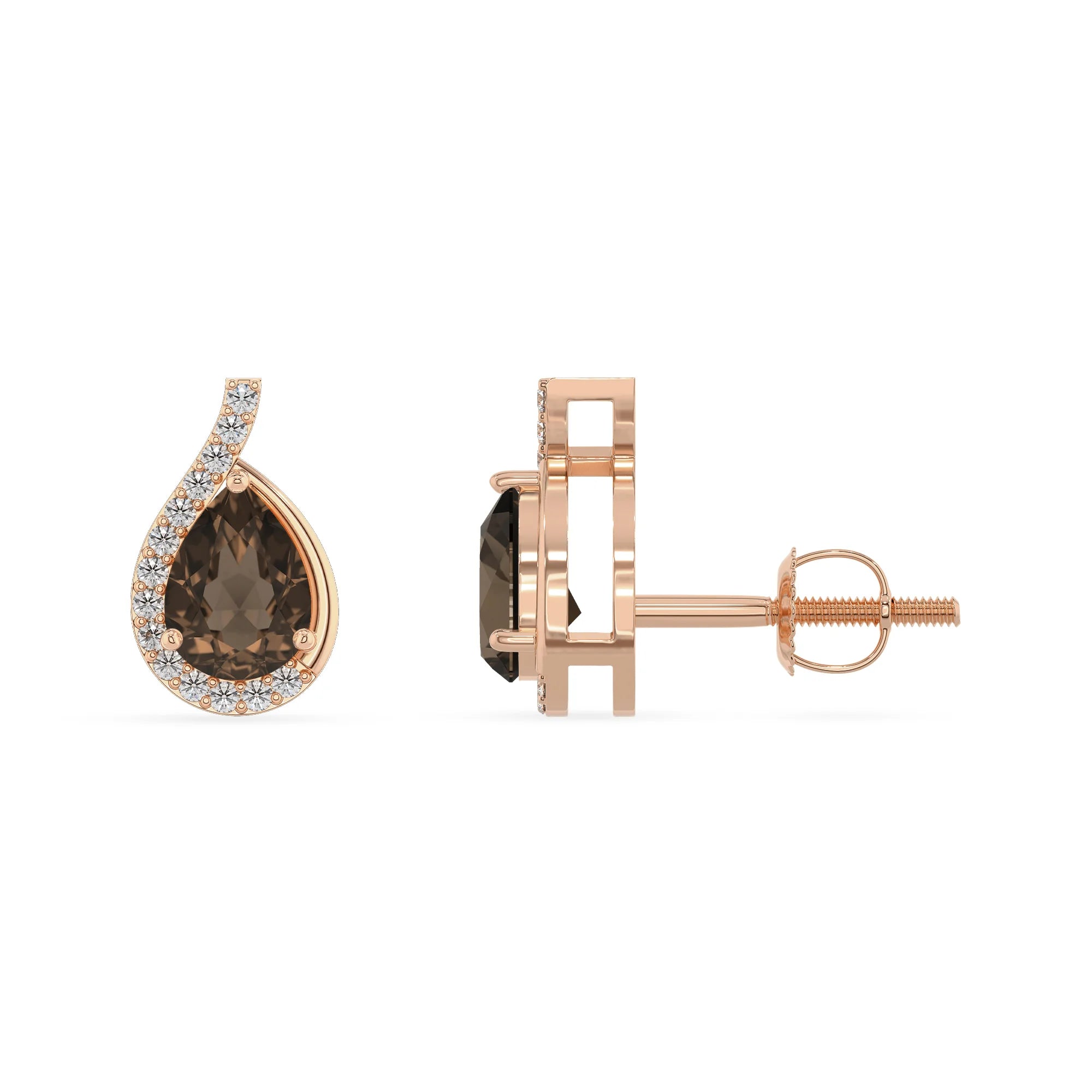 natural smoky quartz pear stud earrings in rose gold