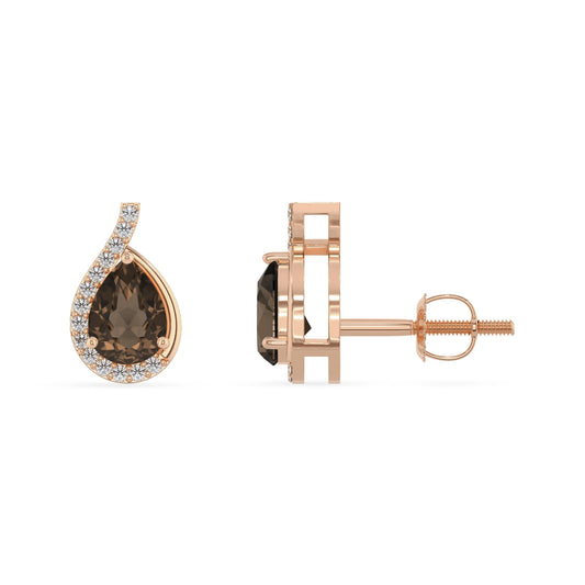natural smoky quartz pear stud earrings in rose gold