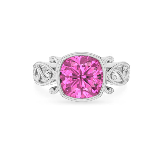 lab grown pink-sapphire cushion solitaire rings in platinum