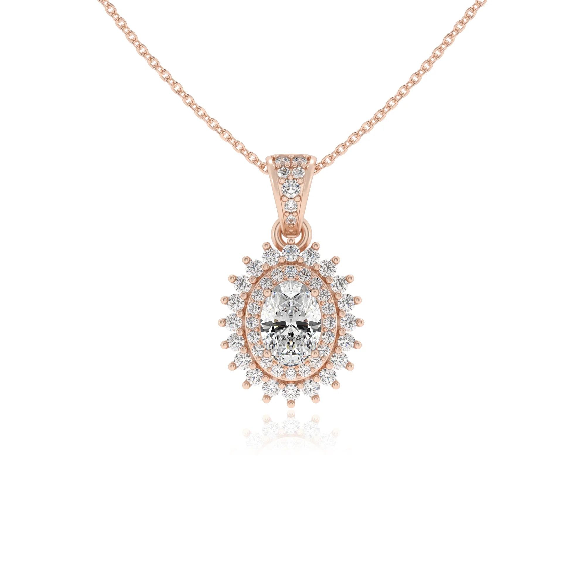lab grown moissanite oval halo necklaces in rose gold