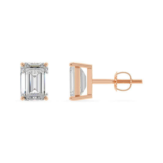 lab grown moissanite emerald cut stud earrings in rose gold