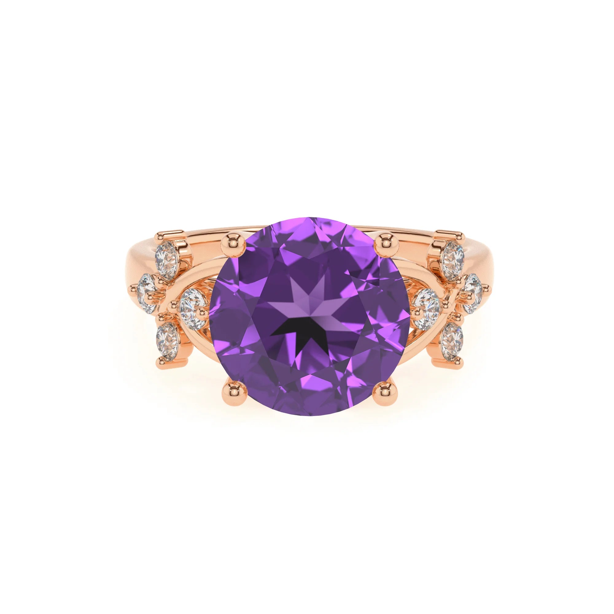 lab grown amethyst round solitaire rings in rose gold