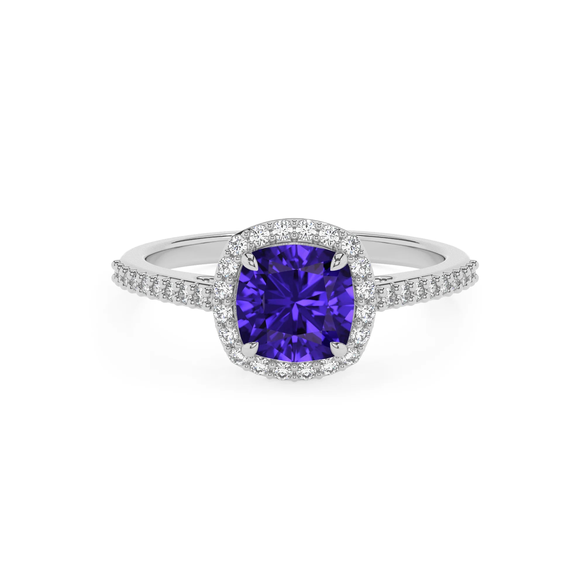 lab grown tanzanite cushion solitaire rings in platinum
