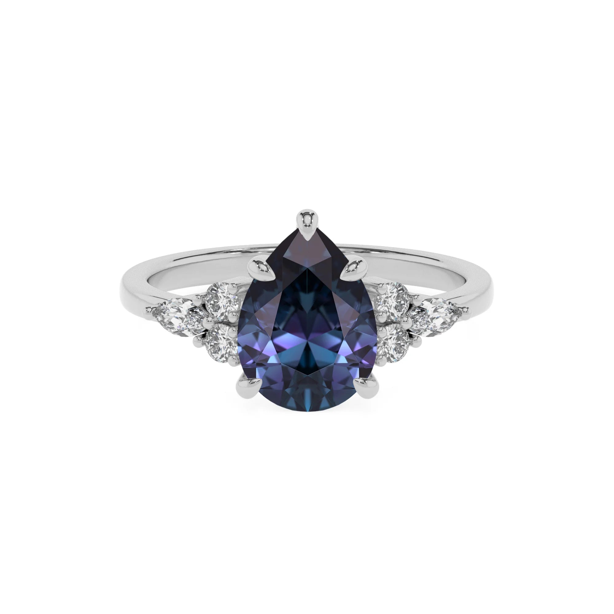 lab grown alexandrite pear solitaire rings in white gold