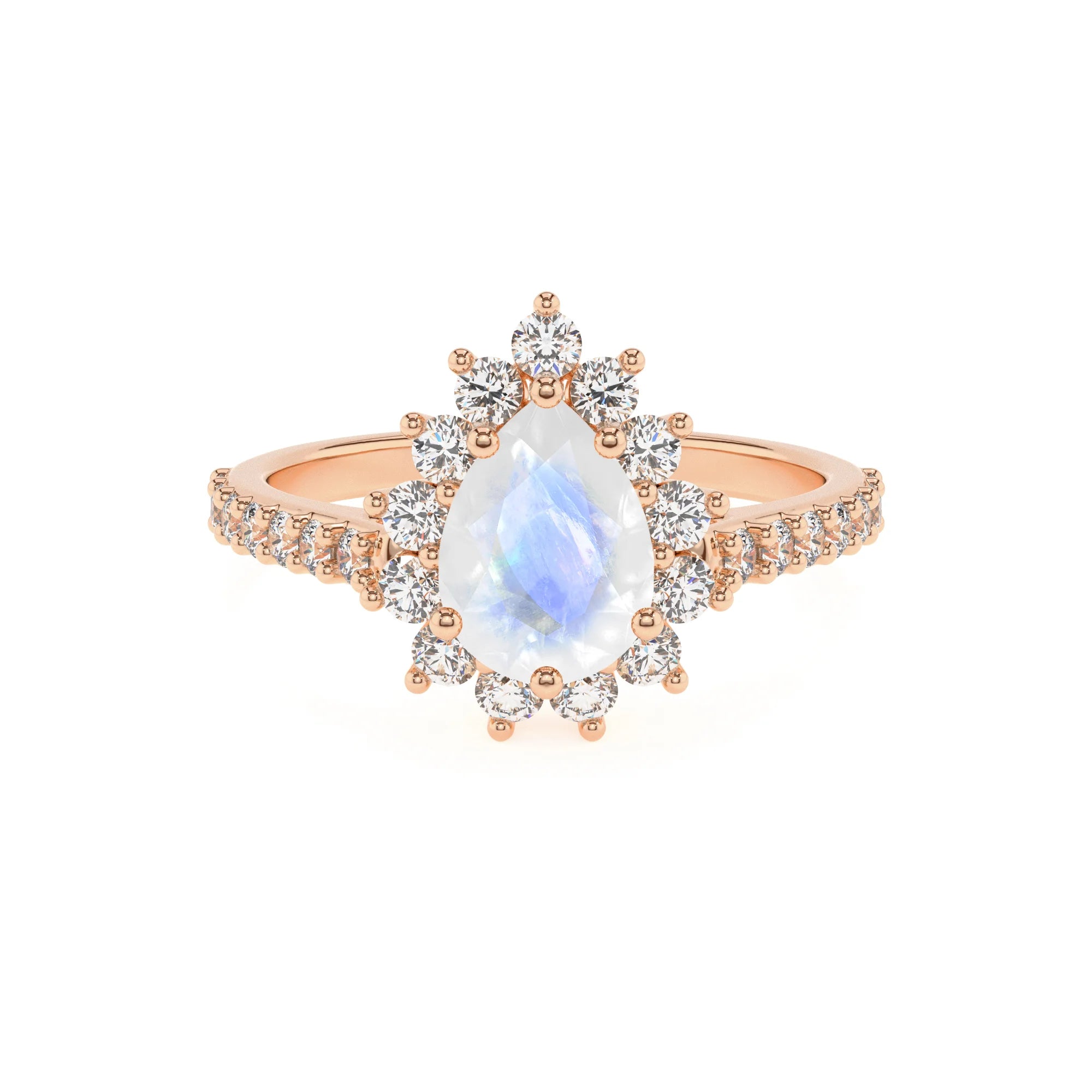natural rainbow-moonstone pear solitaire rings in rose gold