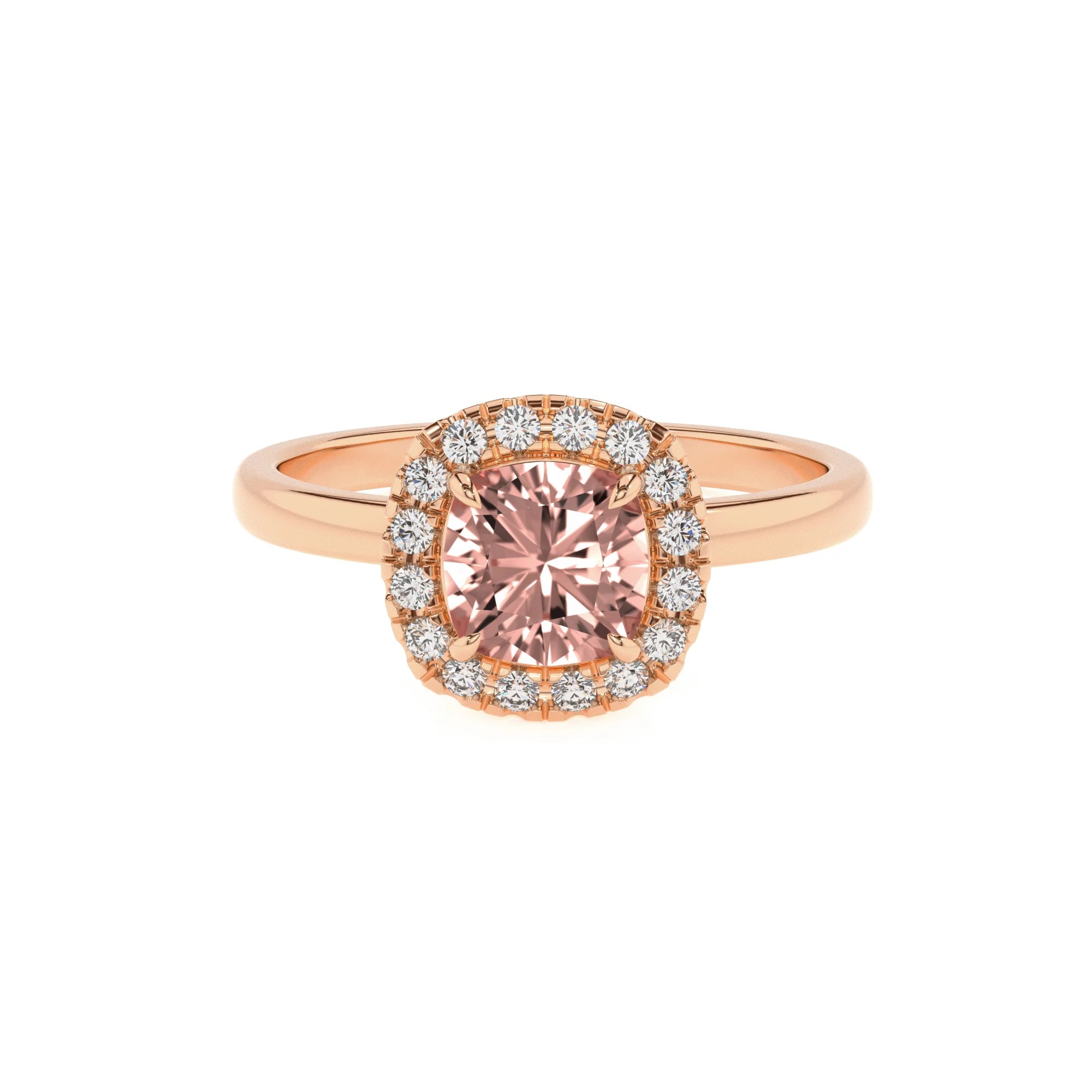 lab grown morganite cushion solitaire rings in rose gold