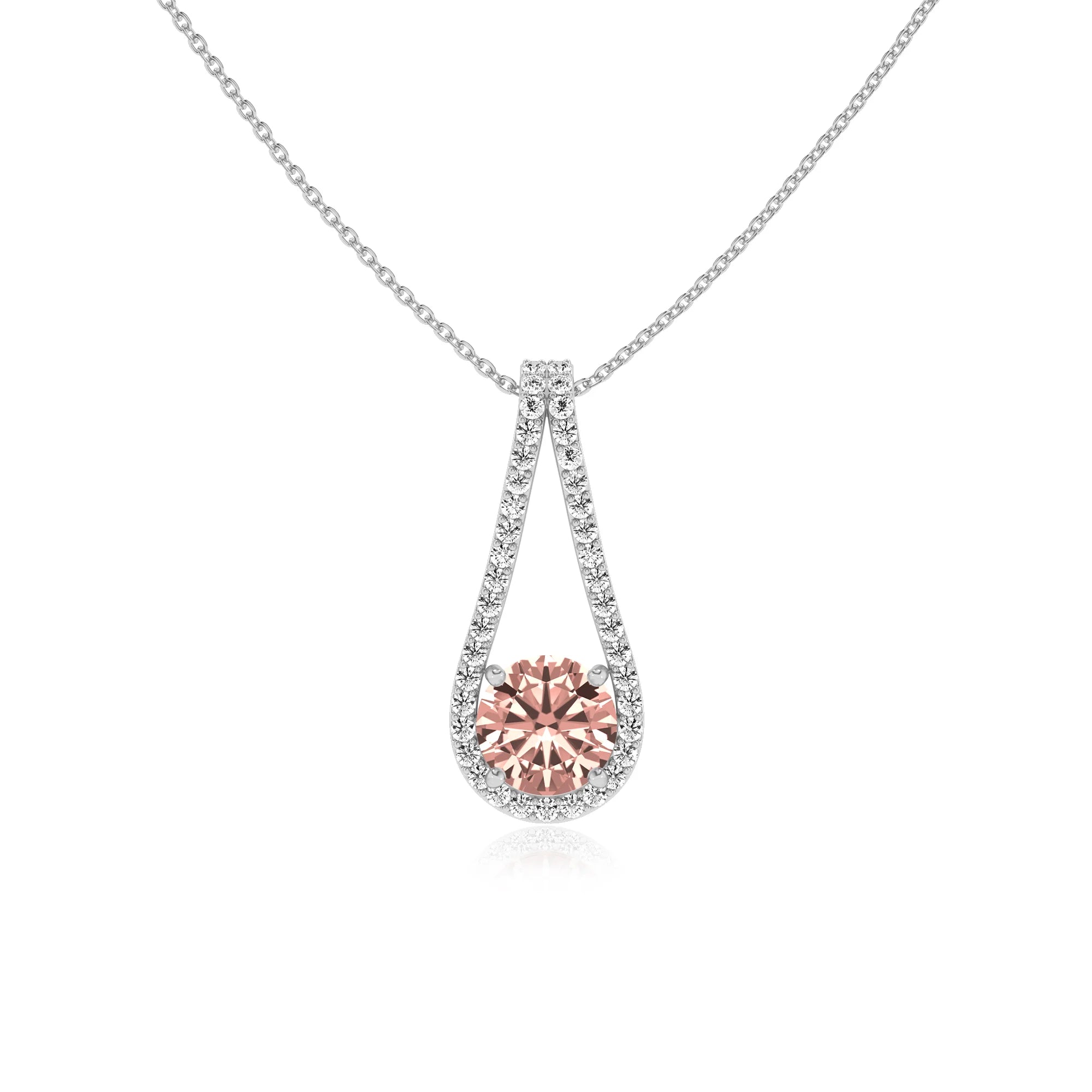 lab grown morganite round solitaire v-bale necklaces in platinum