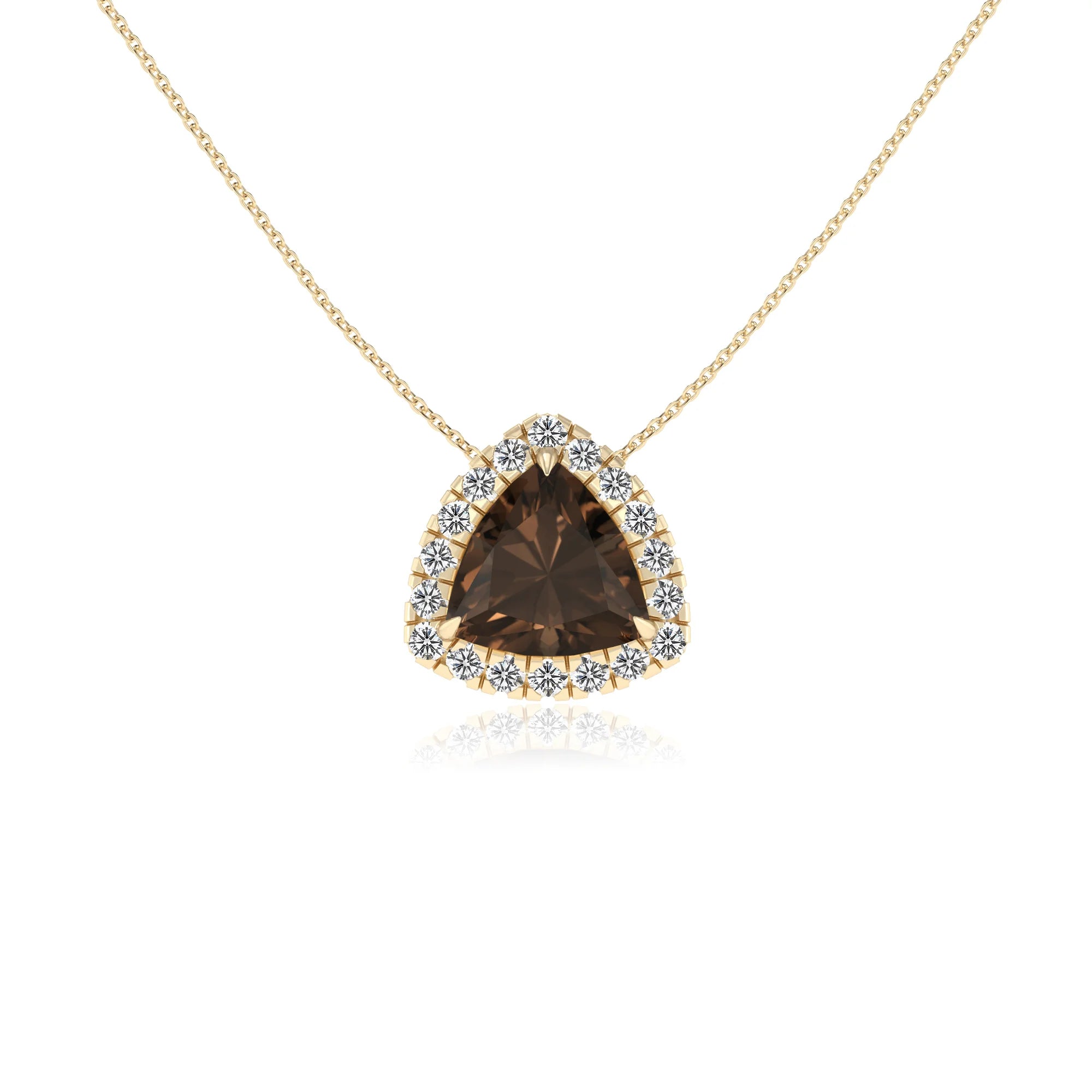 natural smoky quartz trillion solitaire necklaces in yellow gold