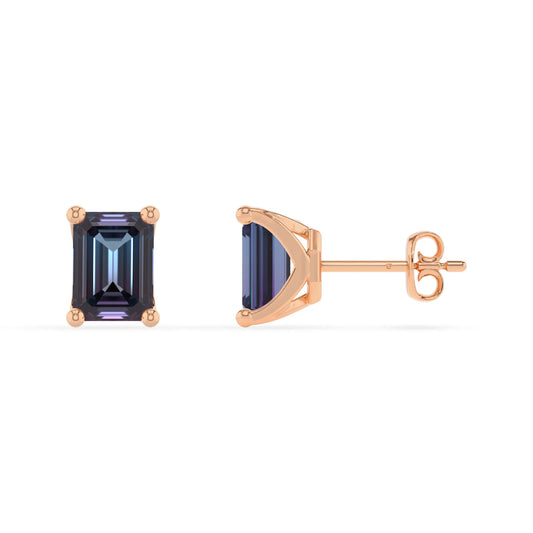 lab grown alexandrite emerald cut stud earrings in rose gold