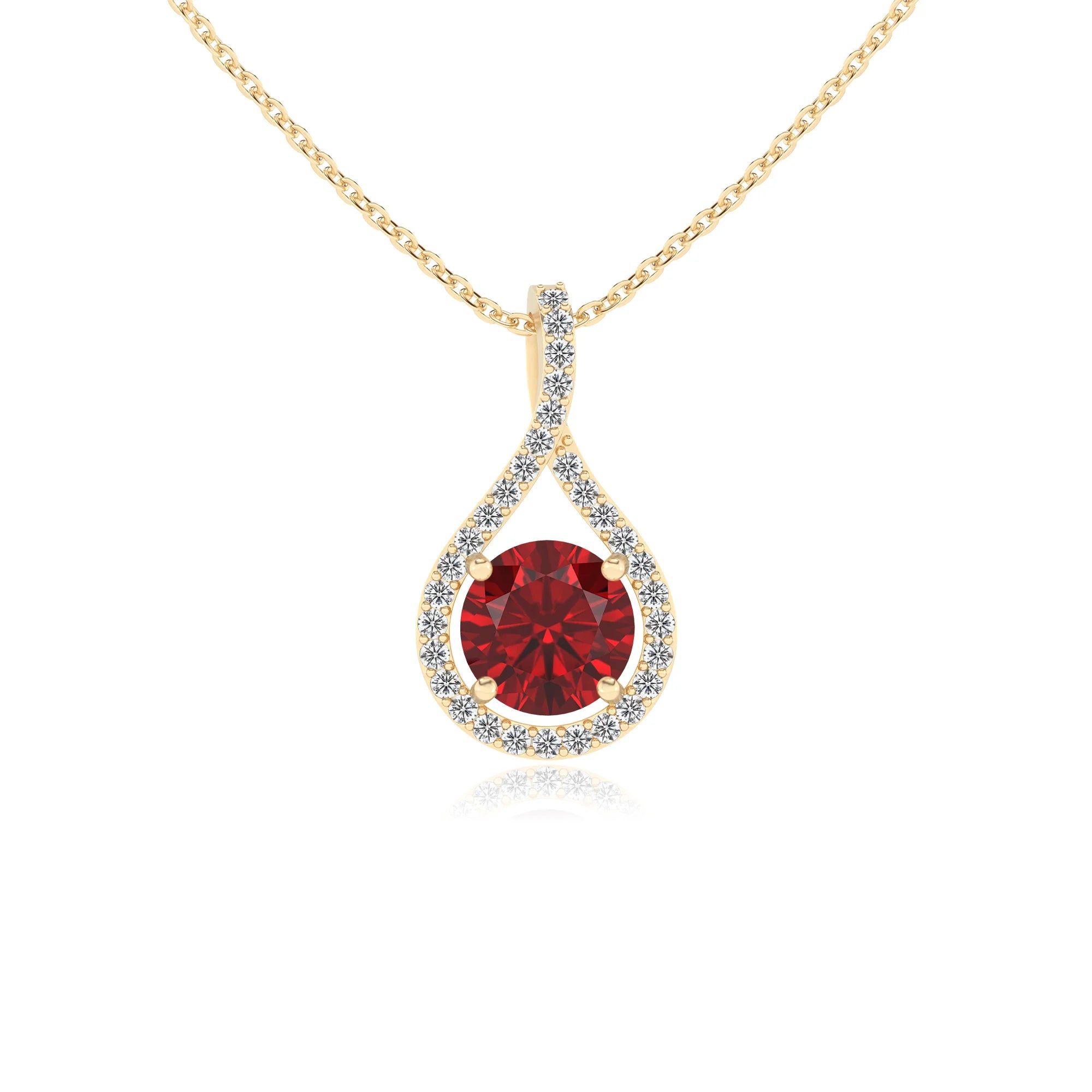 lab grown ruby round solitaire necklaces in yellow gold