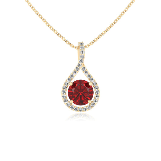 lab grown ruby round solitaire necklaces in yellow gold