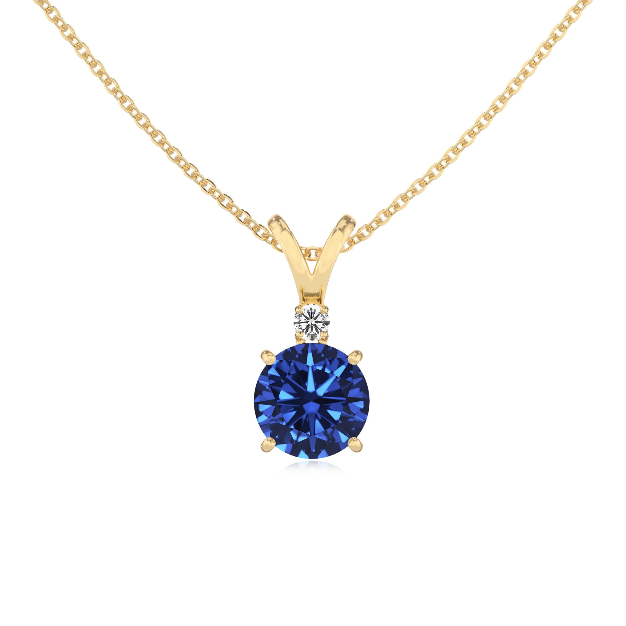 lab grown blue-sapphire round solitaire v-bale necklaces in yellow gold