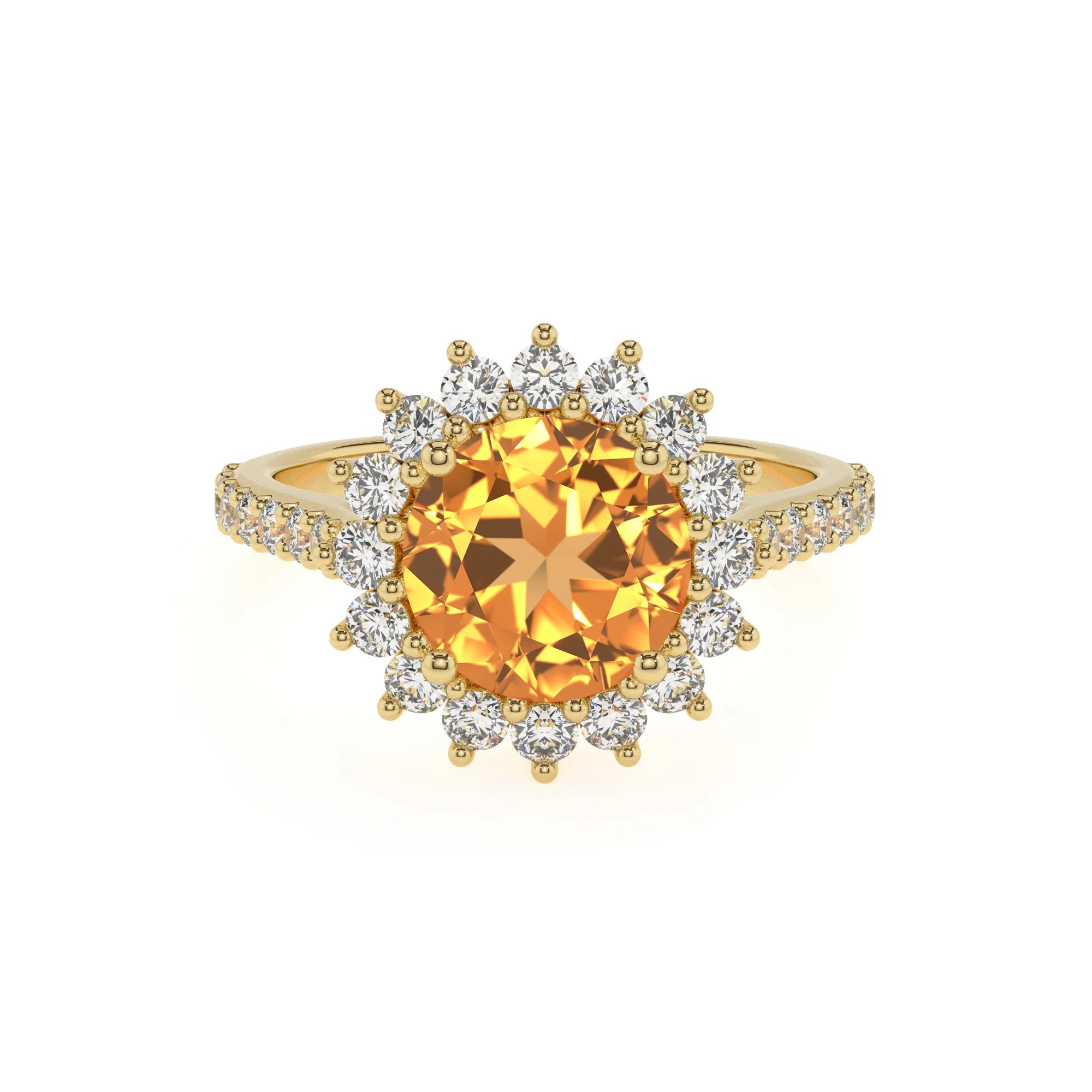 lab grown citrine round solitaire rings in yellow gold