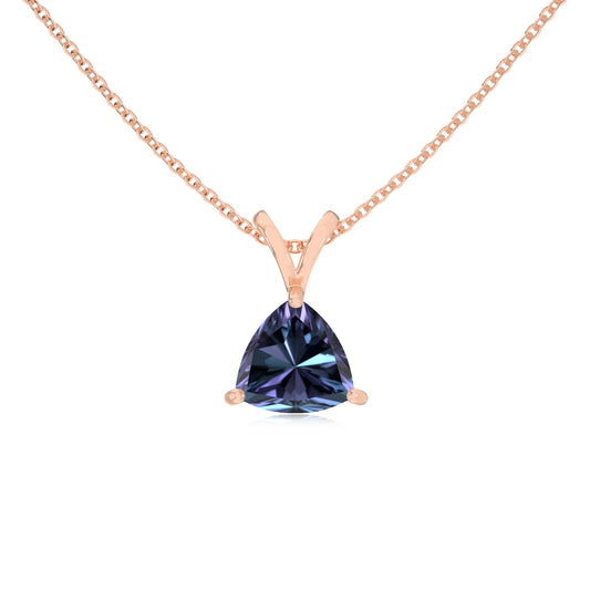 lab grown alexandrite trillion solitaire v-bale necklaces in rose gold
