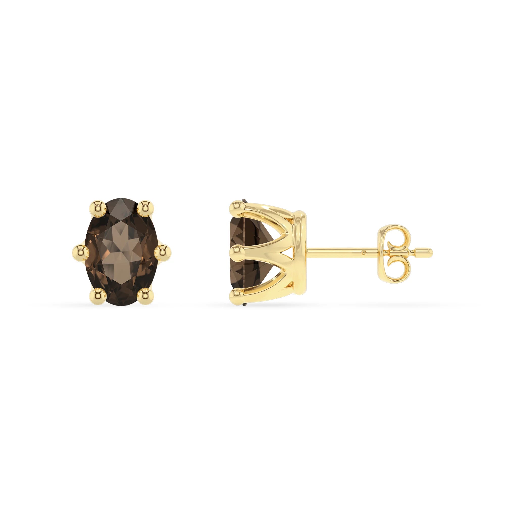natural smoky quartz oval stud earrings in yellow gold