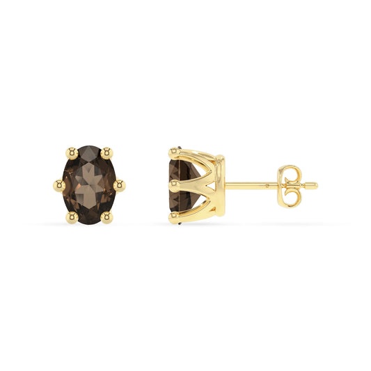 natural smoky quartz oval stud earrings in yellow gold