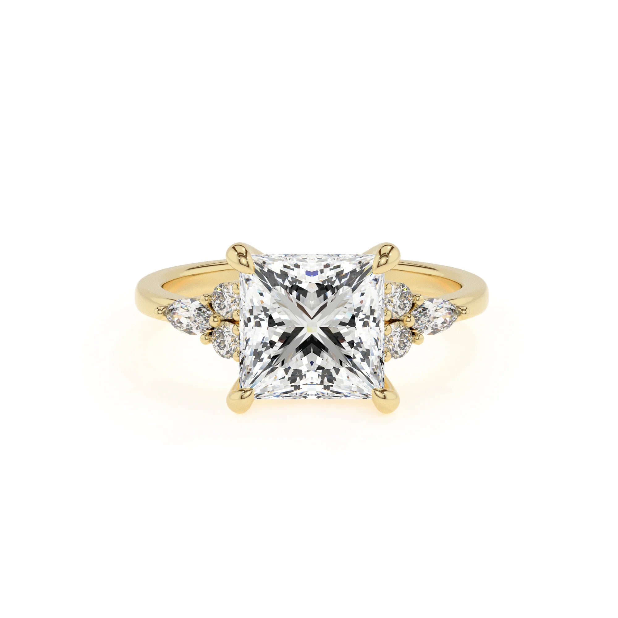 lab grown moissanite princess solitaire rings in yellow gold