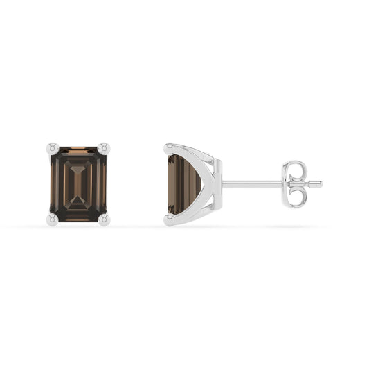 natural smoky quartz emerald cut stud earrings in platinum