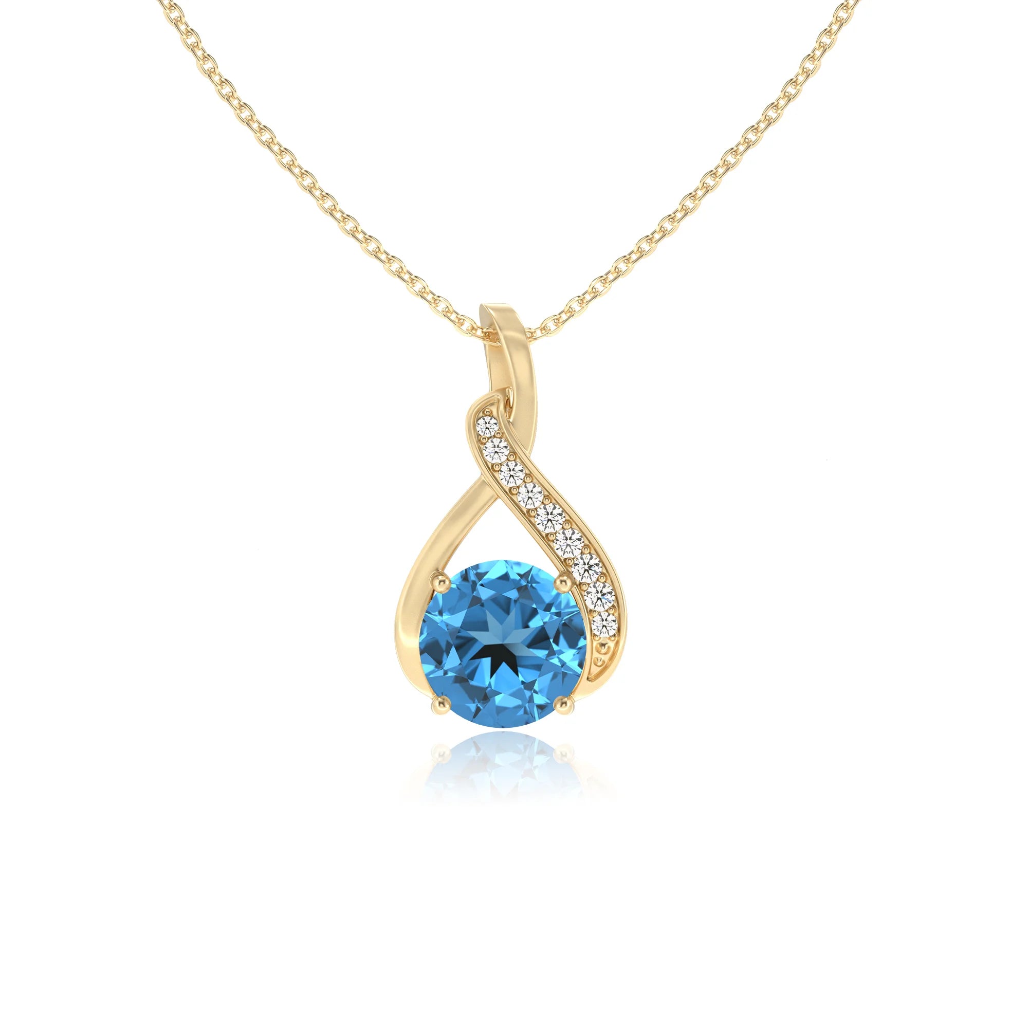 natural swiss-blue-topaz round solitaire necklaces in yellow gold