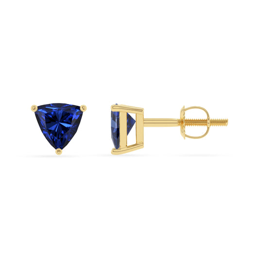lab grown blue sapphire trillion stud earrings in yellow gold