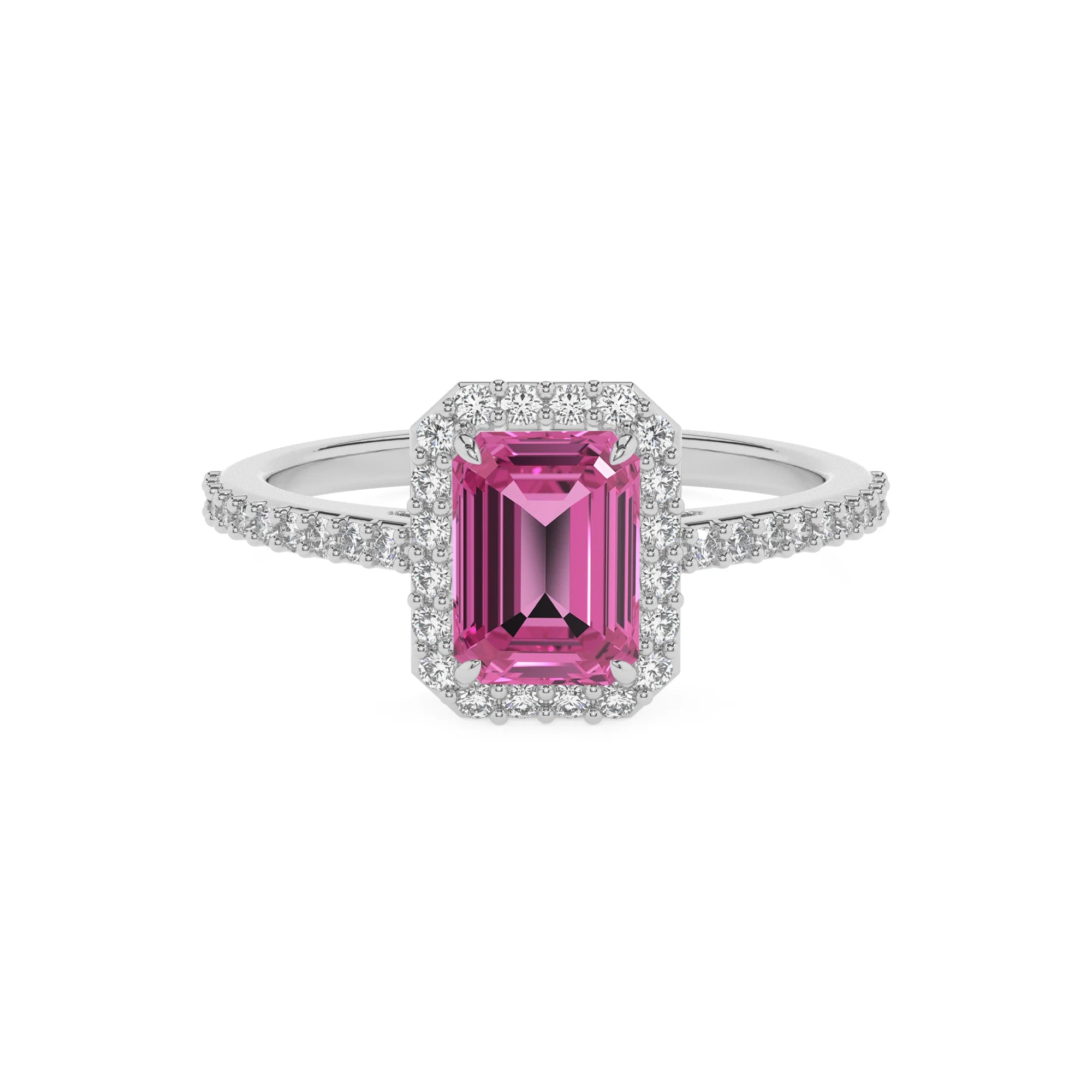 lab grown pink-sapphire emerald cut solitaire rings in sterling silver