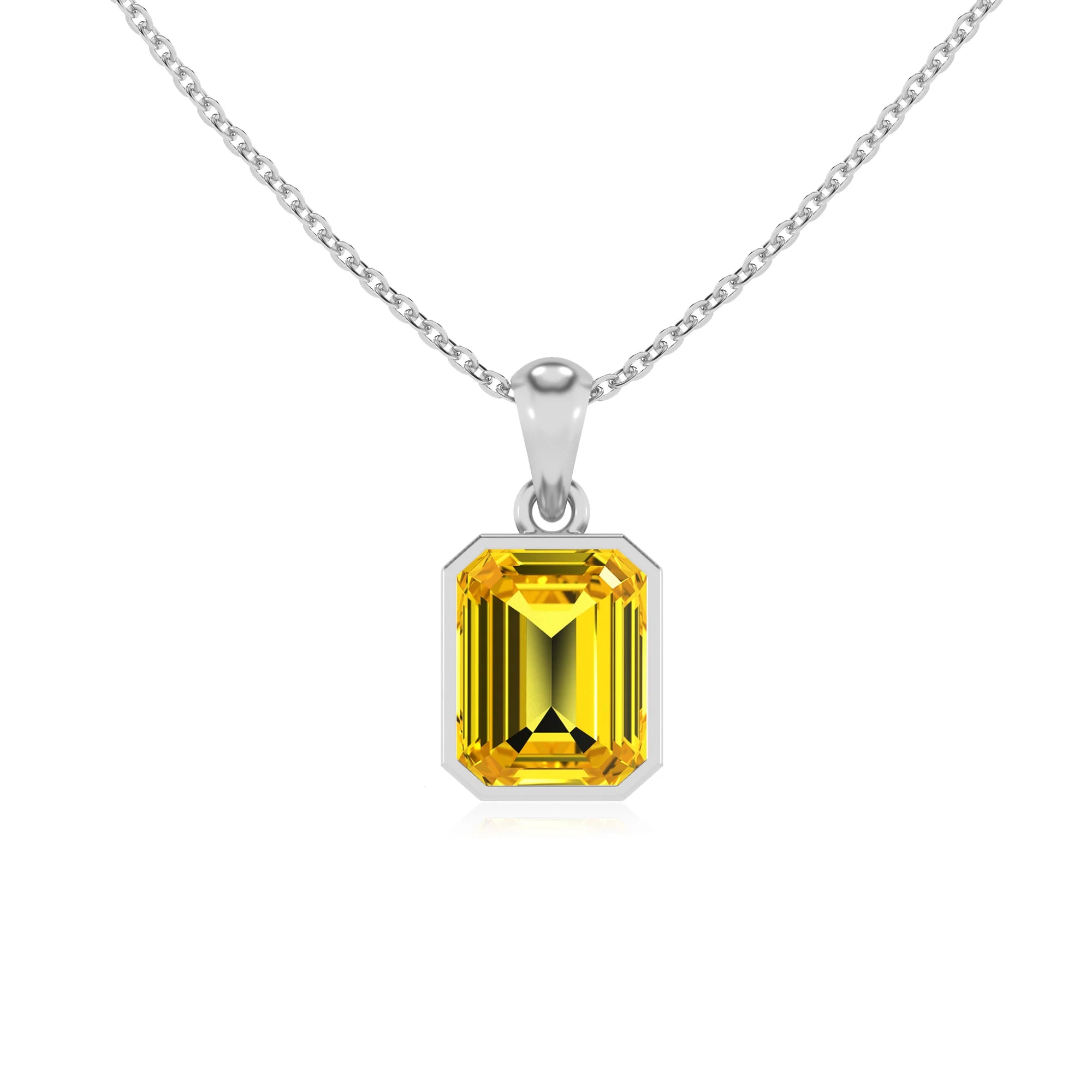 lab grown yellow-sapphire emerald cut solitaire necklaces in sterling silver