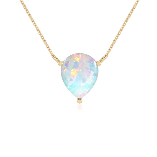 lab grown opal pear solitaire necklaces in yellow gold