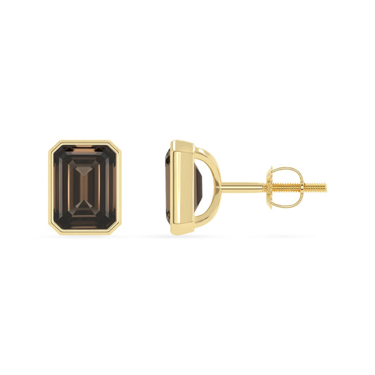 Natural Smoky Quartz Emerald-Cut Solitaire Stud Earrings
