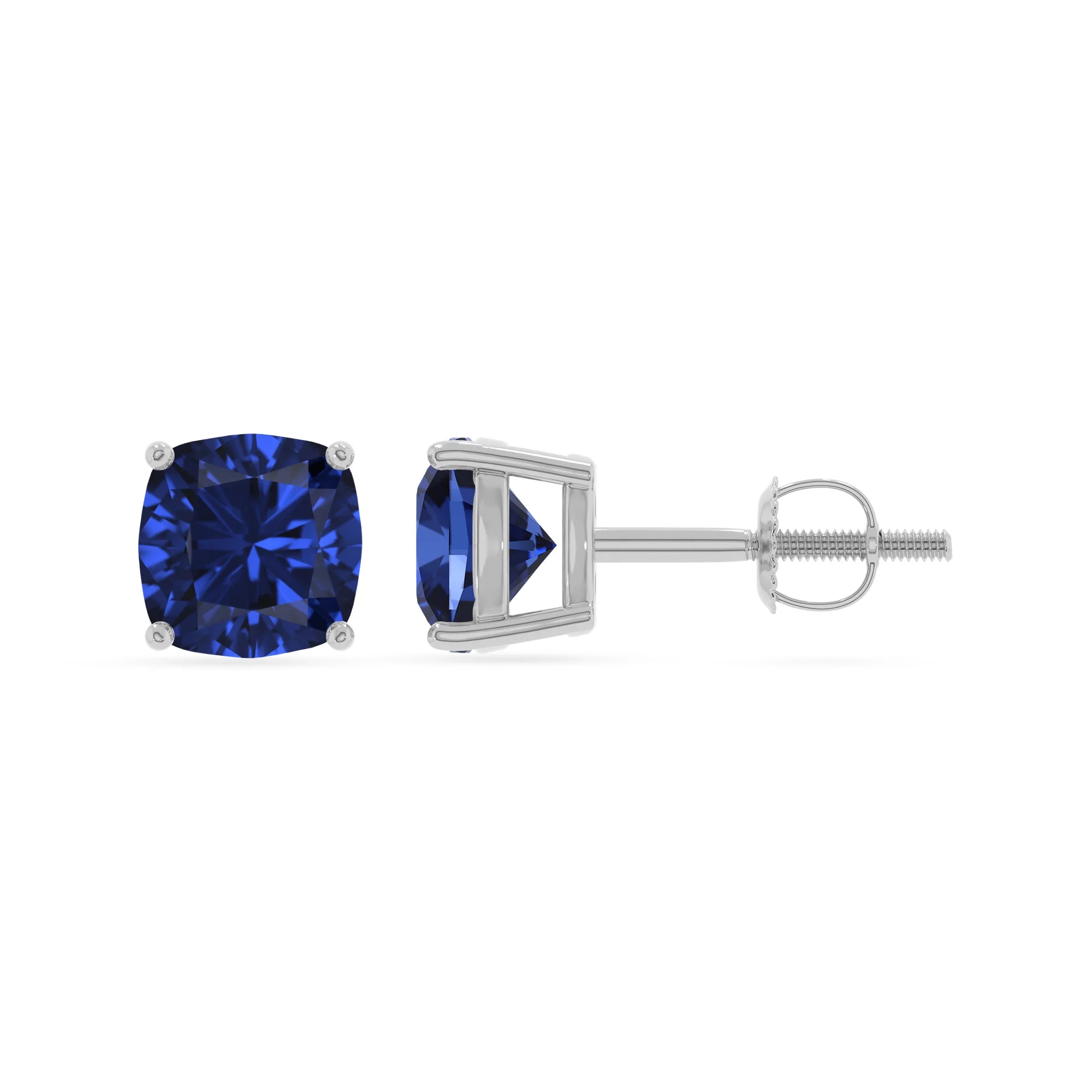 lab grown blue sapphire cushion stud earrings in platinum