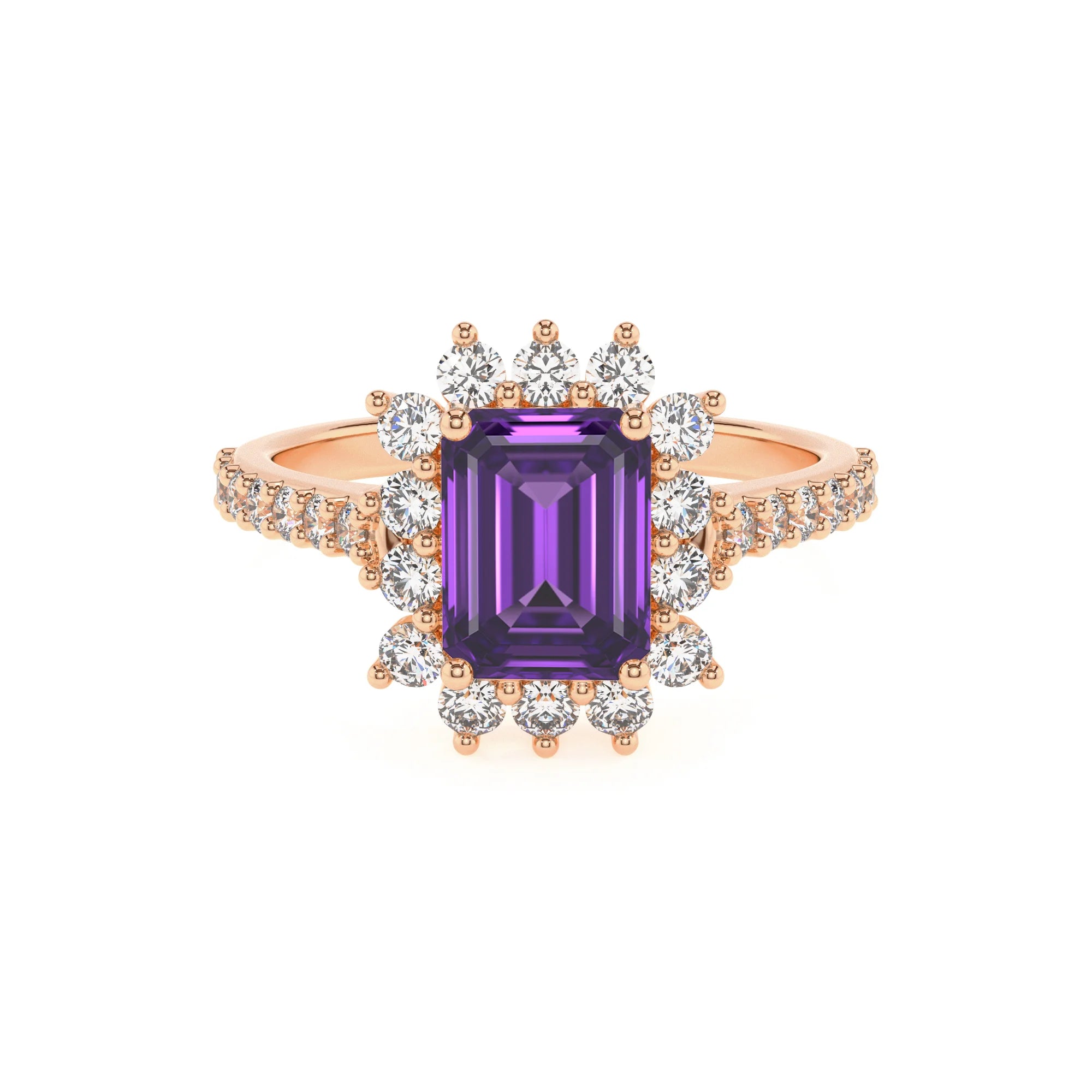 lab grown amethyst emerald cut solitaire rings in rose gold