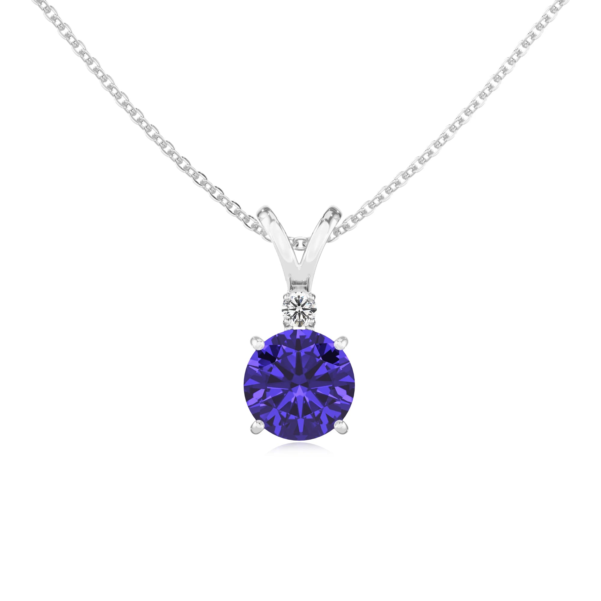 lab grown tanzanite round solitaire v-bale necklaces in white gold
