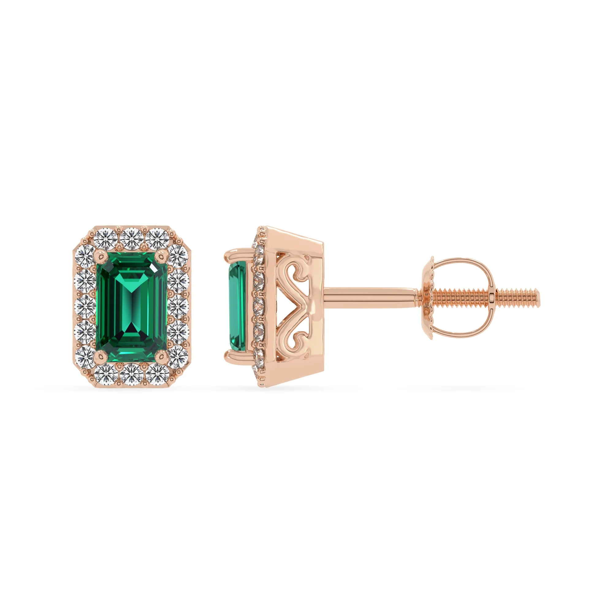 lab grown emerald octogon cut stud earrings in rose gold
