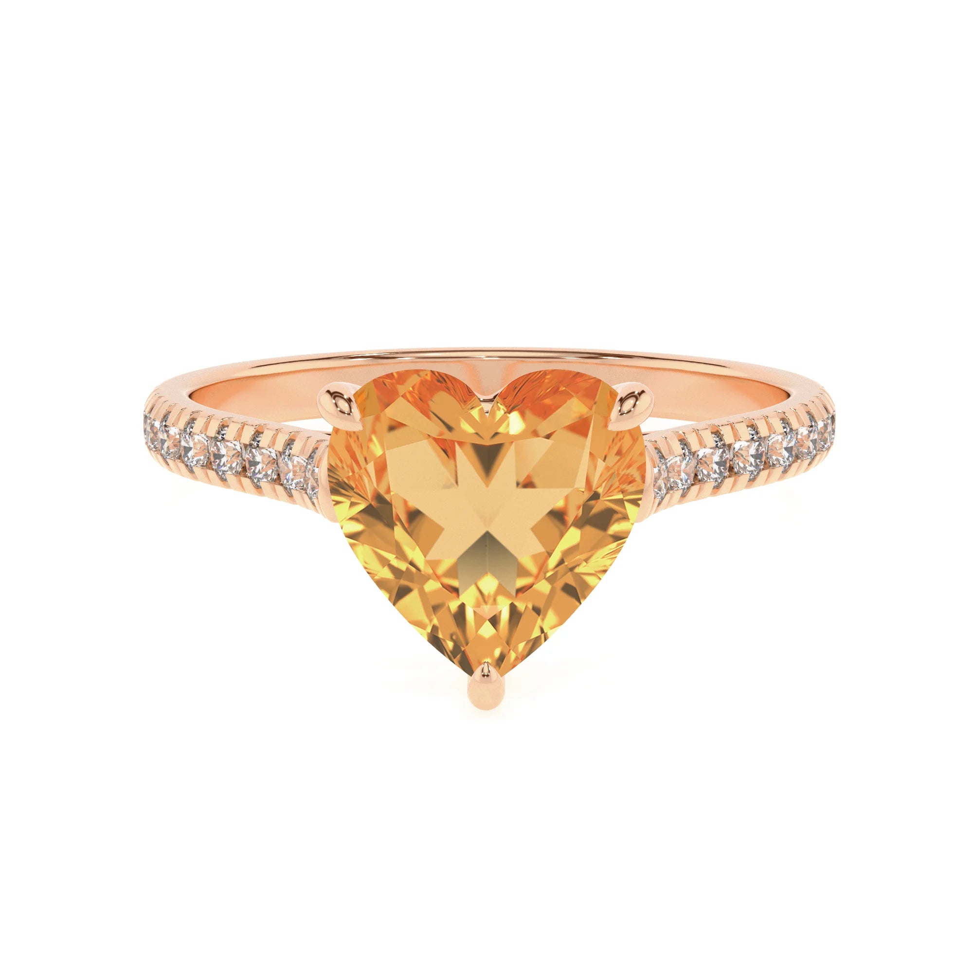 lab grown citrine heart half eternity solitaire engagement rings in rose gold