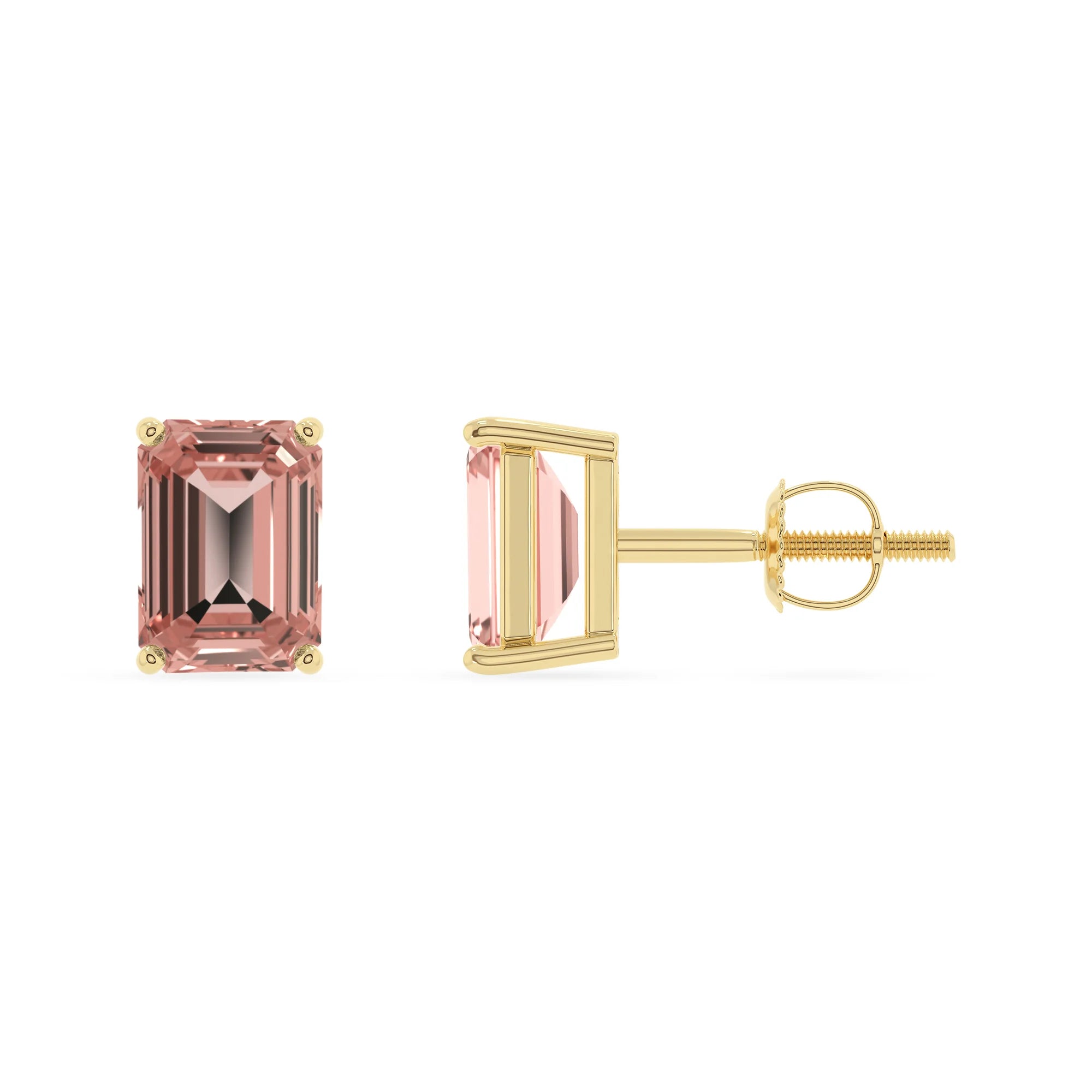 lab grown morganite emerald cut stud earrings in yellow gold