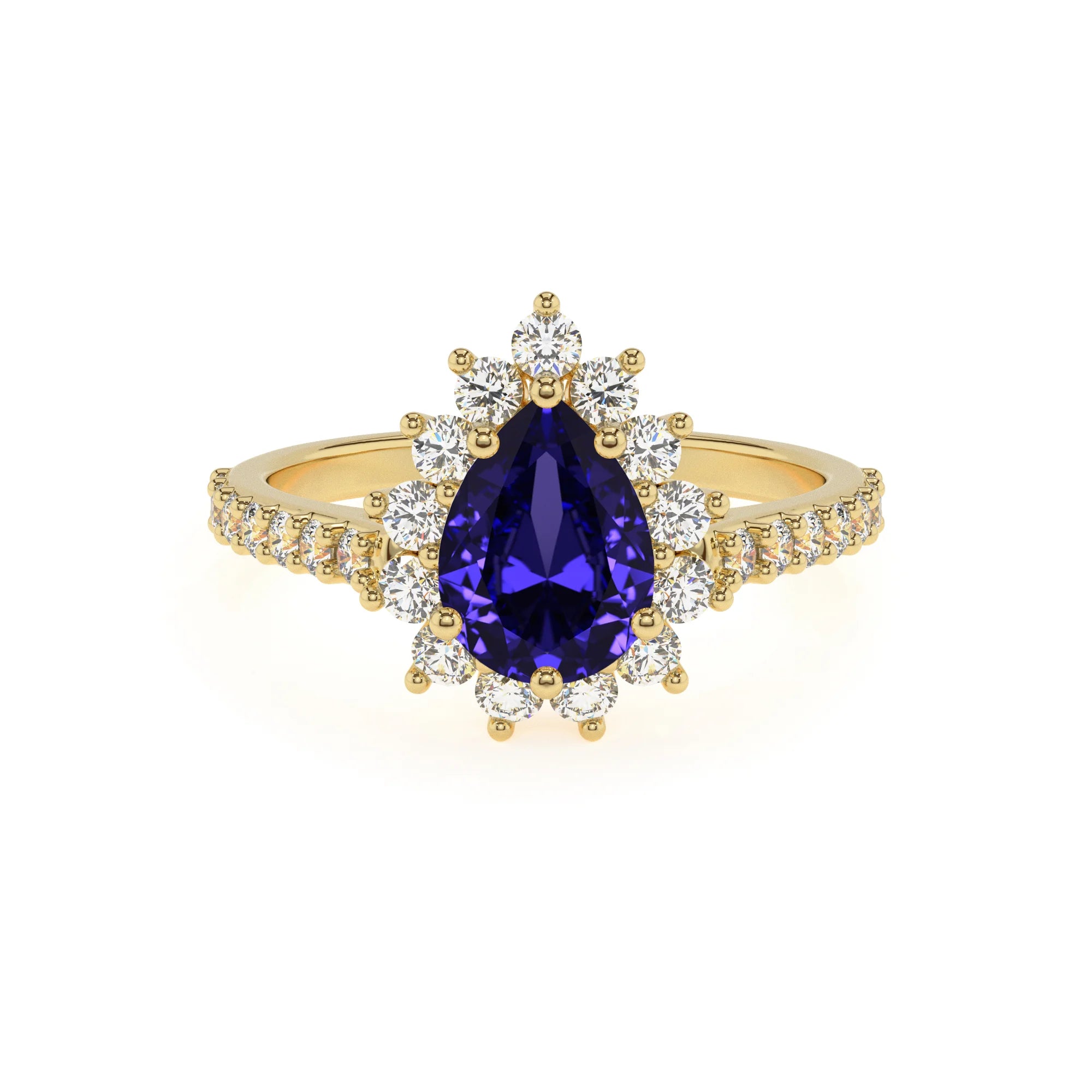 lab grown tanzanite pear solitaire rings in yellow gold