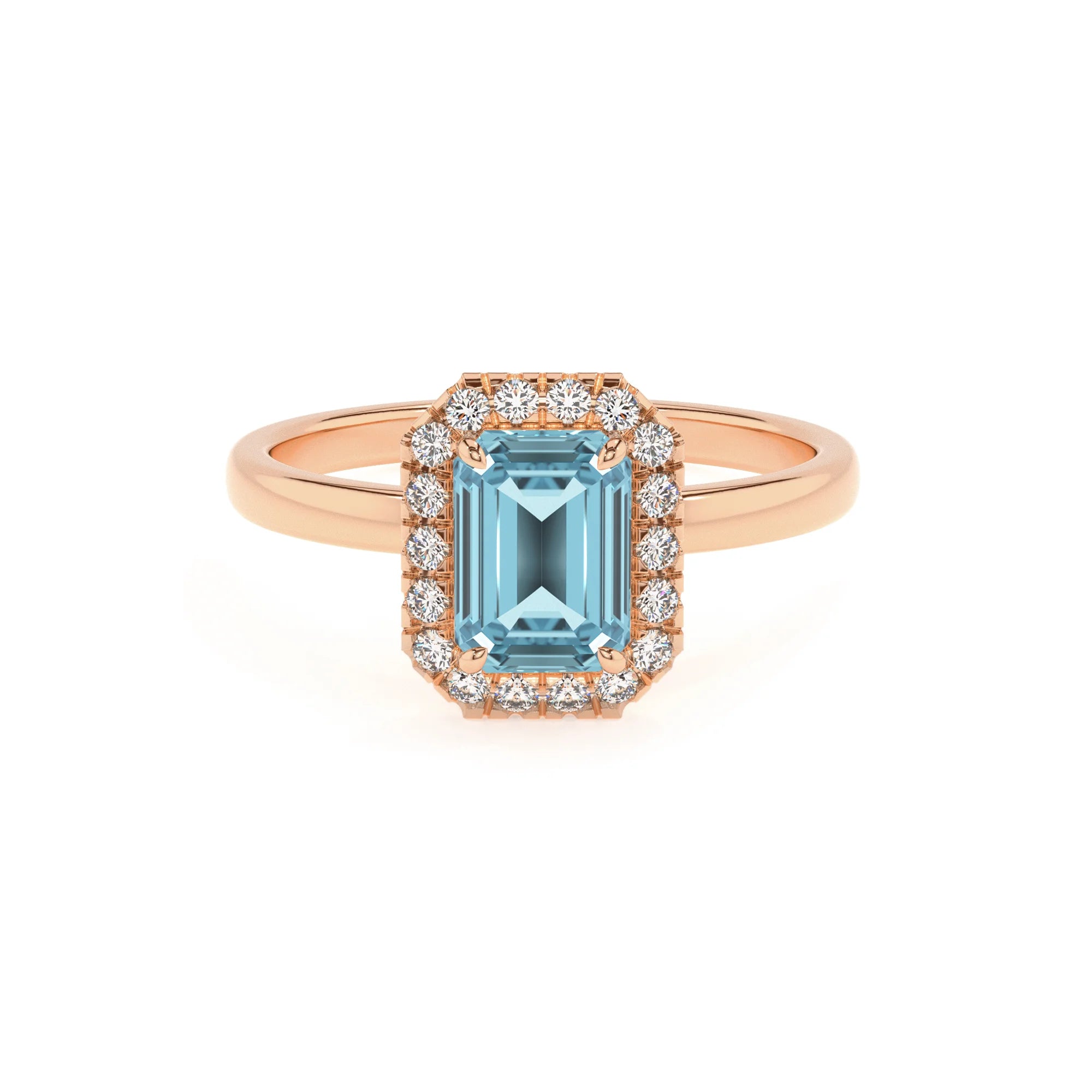 lab grown aquamarine emerald cut solitaire rings in rose gold